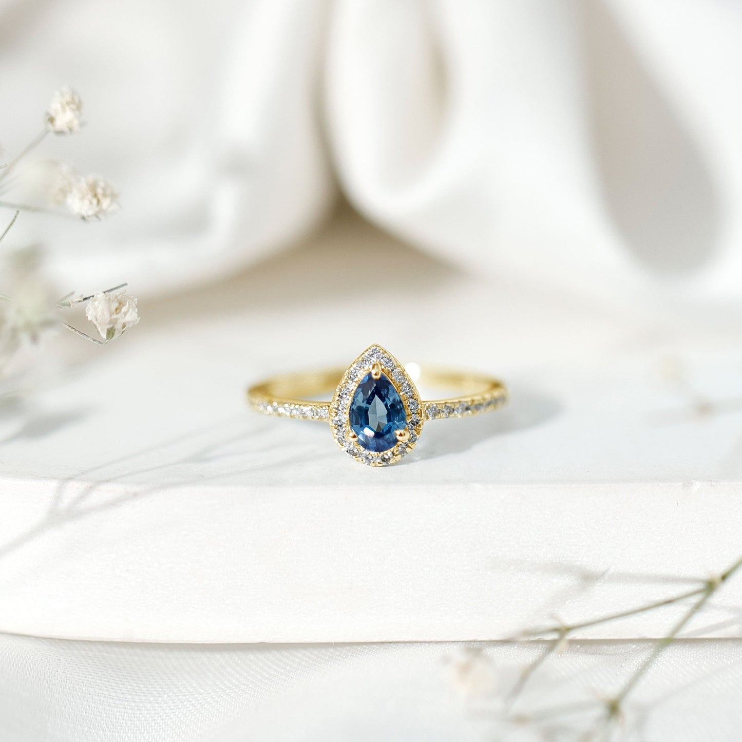 Natural Half Carat Blue Sapphire Teardrop Engagement Ring with Diamond Halo