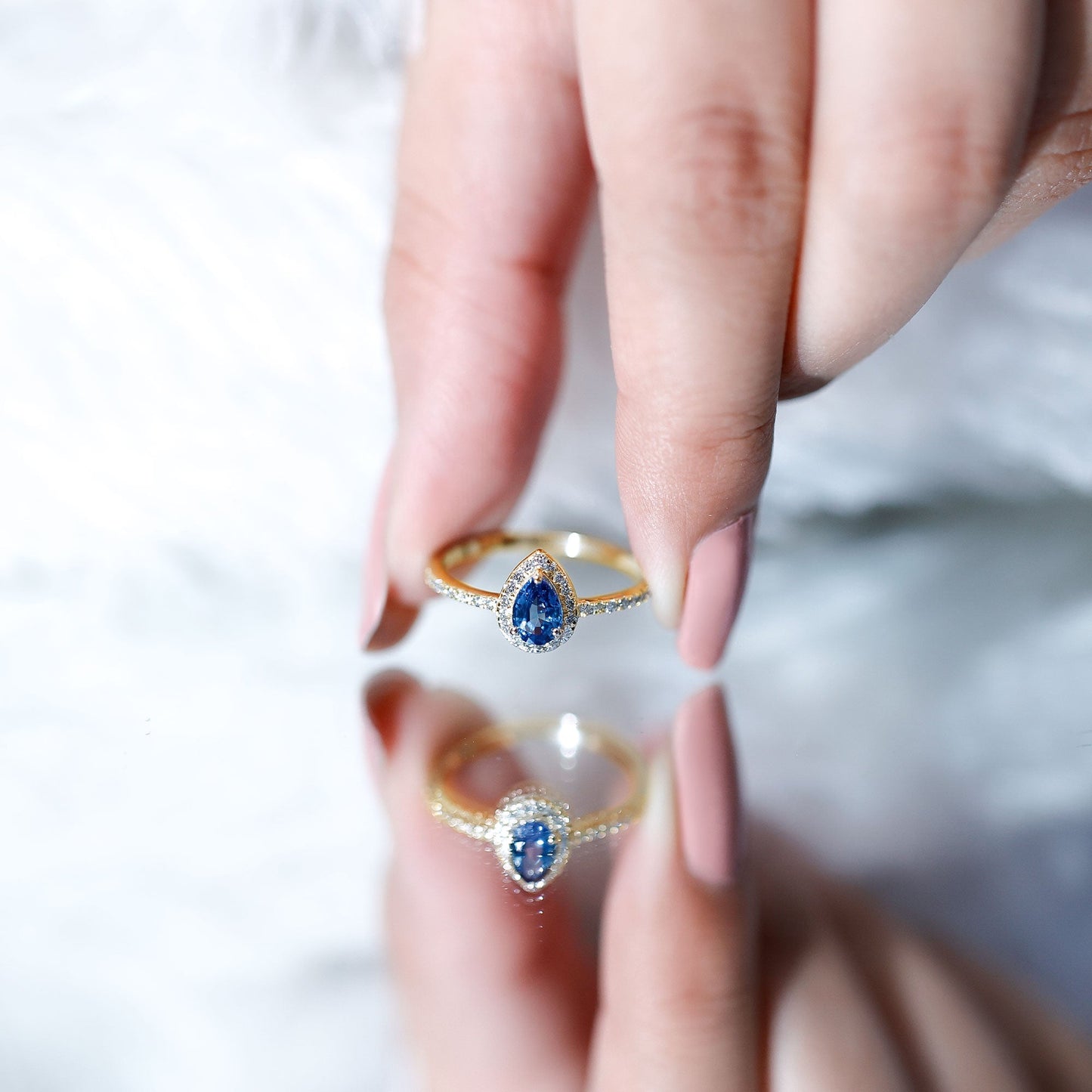 Natural Half Carat Blue Sapphire Teardrop Engagement Ring with Diamond Halo