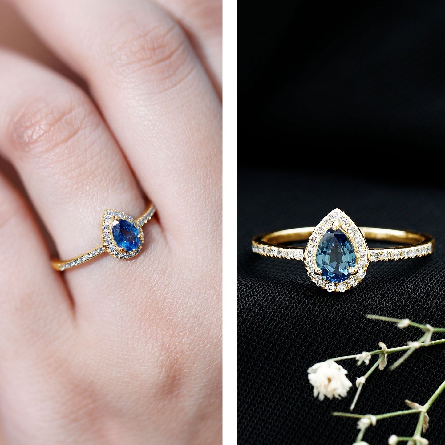 Natural Half Carat Blue Sapphire Teardrop Engagement Ring with Diamond Halo