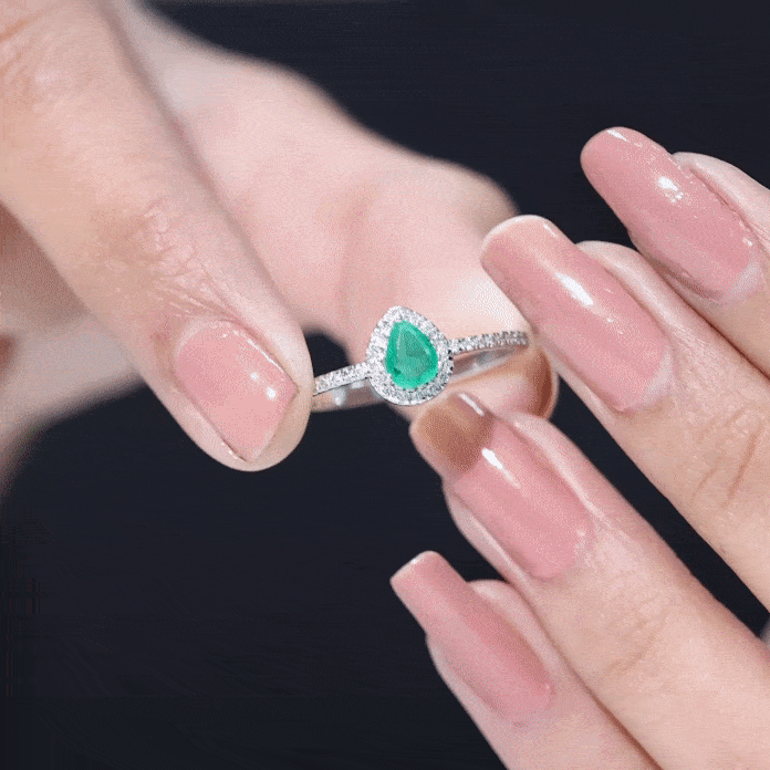 0.3 Carat Pear Cut Emerald Teardrop Engagement Ring with Diamond Halo