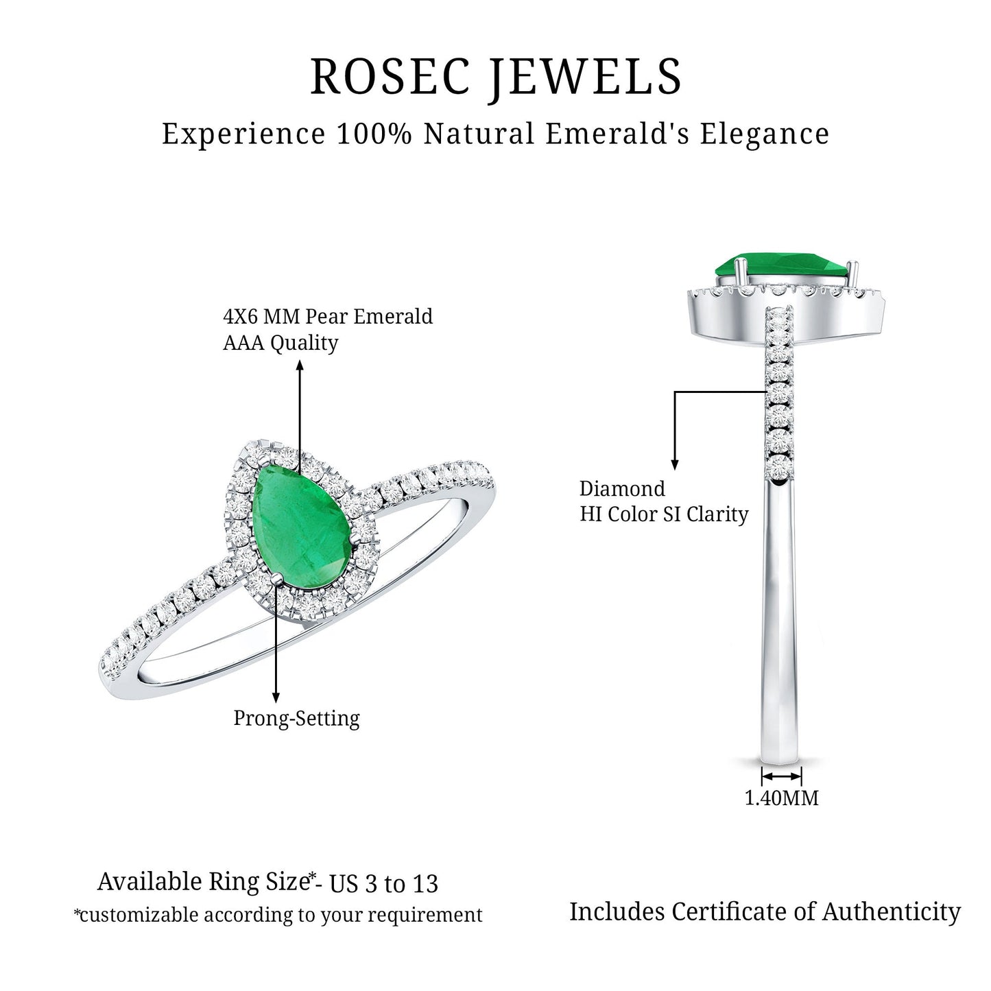0.3 Carat Pear Cut Emerald Teardrop Engagement Ring with Diamond Halo