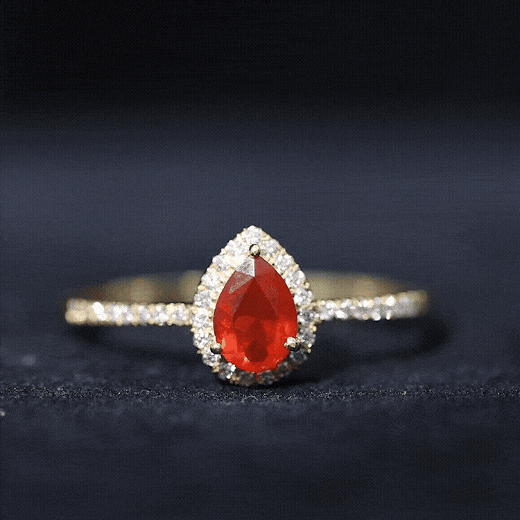 Genuine Fire Opal Teardrop Ring with Diamond Halo