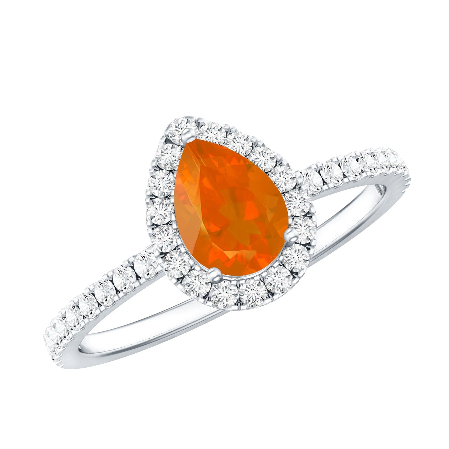 Genuine Fire Opal Teardrop Ring with Diamond Halo