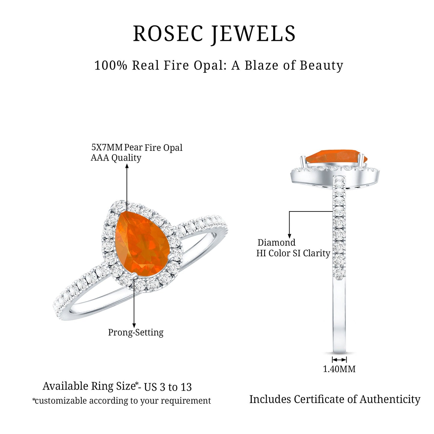 Genuine Fire Opal Teardrop Ring with Diamond Halo