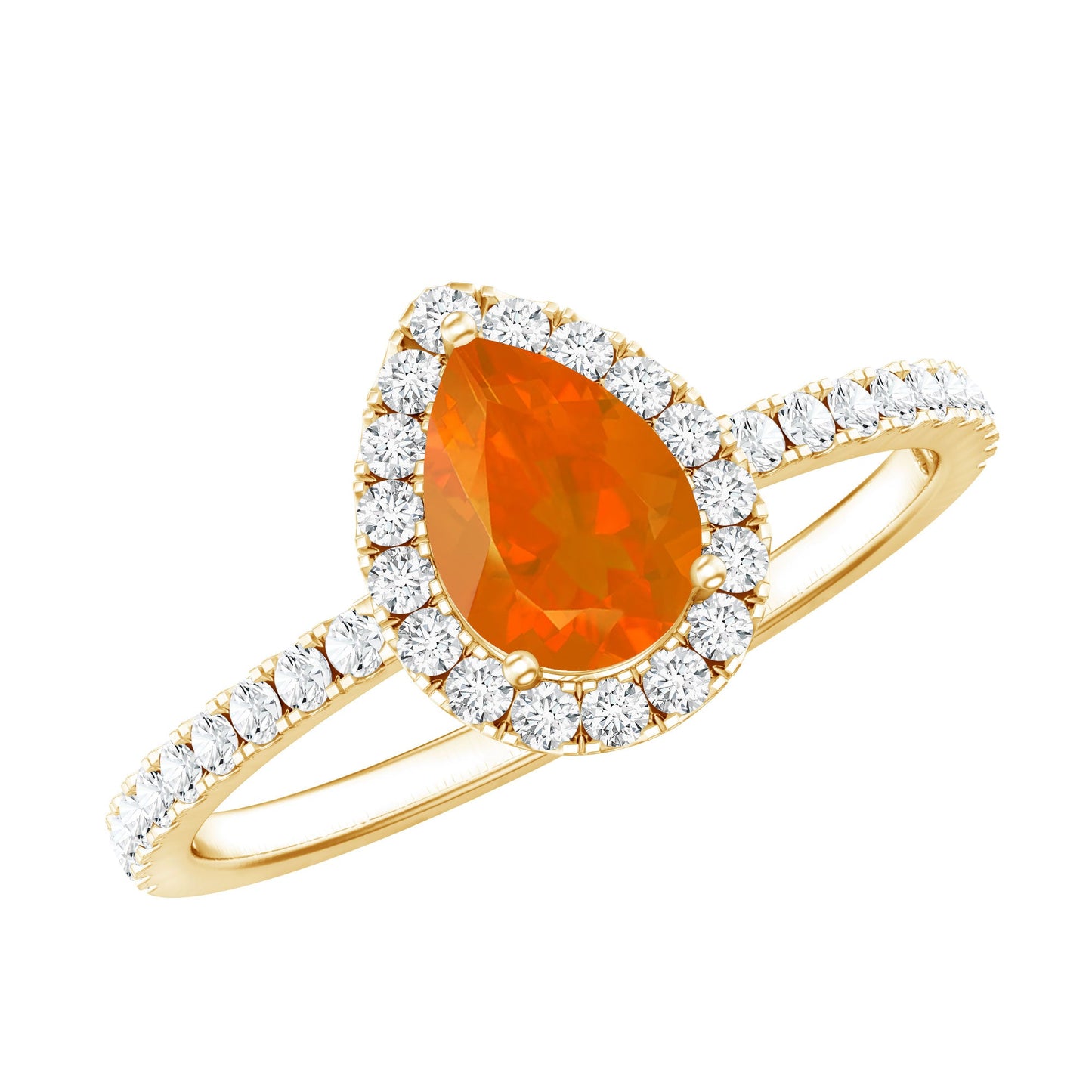 Genuine Fire Opal Teardrop Ring with Diamond Halo