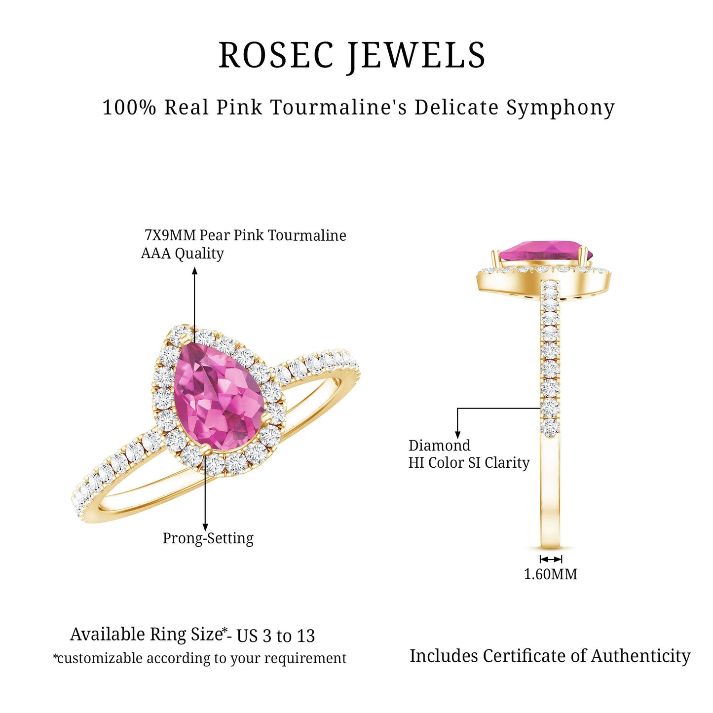Natural Pink Tourmaline Teardrop Ring with Diamond Halo
