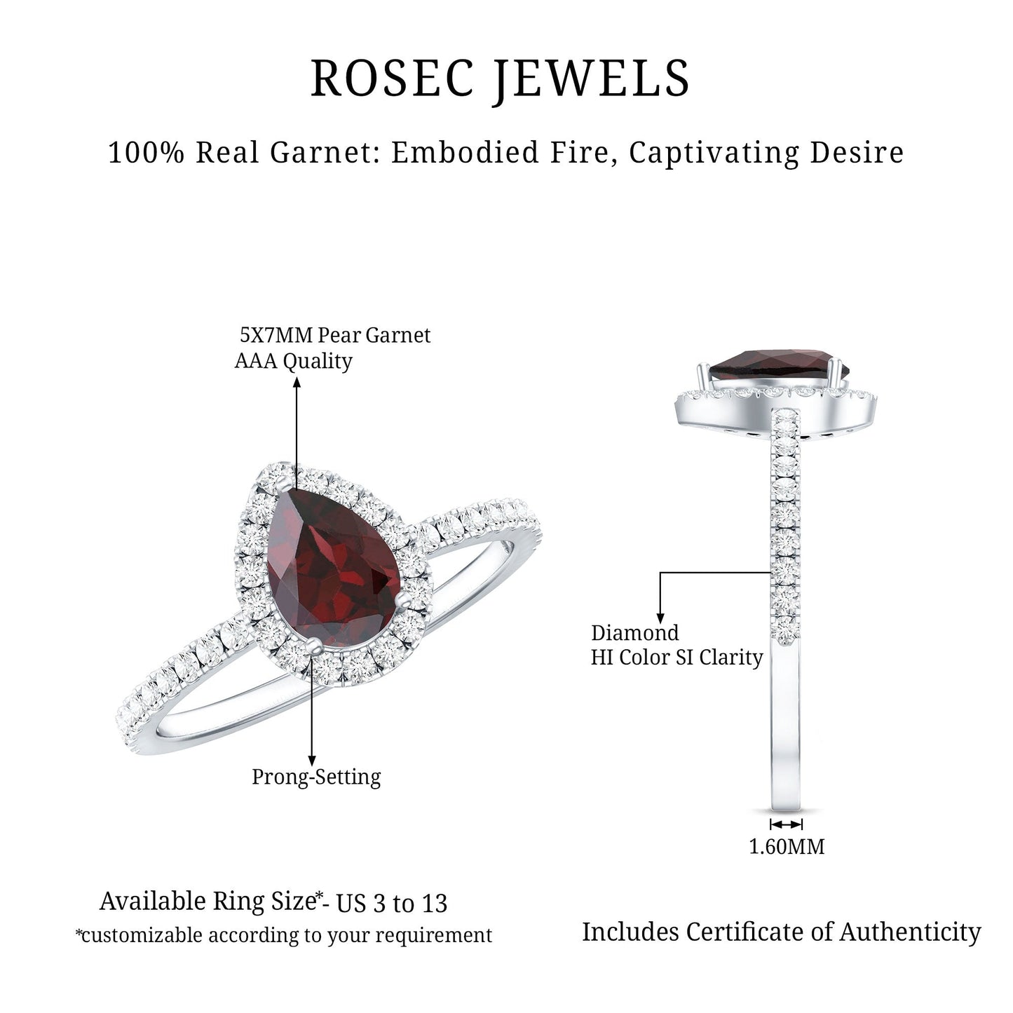 Natural 0.8 Carat Garnet Teardrop Engagement Ring with Diamond Halo