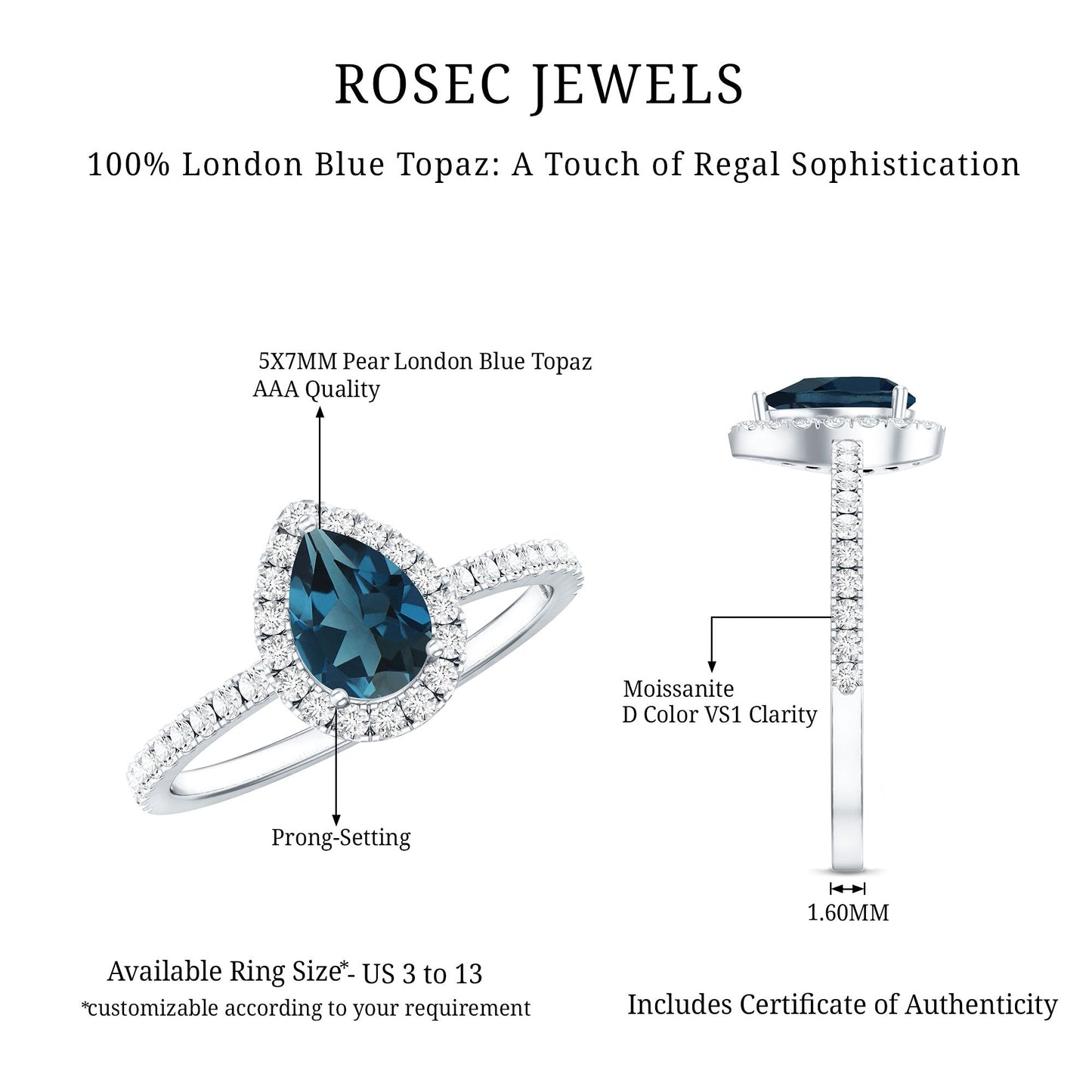 0.7 Carat Pear Shape London Blue Topaz Teardrop Engagement Ring with Moissanite Halo