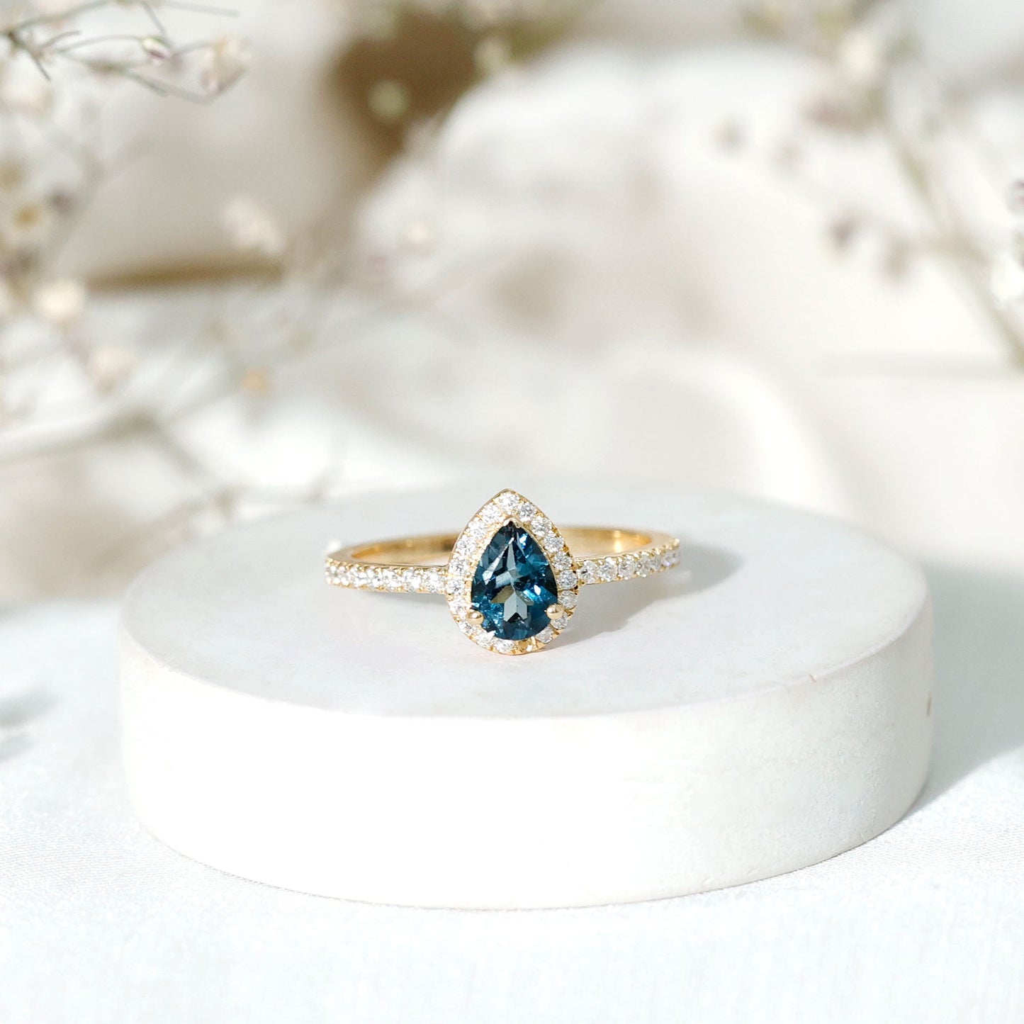 0.7 Carat Pear Shape London Blue Topaz Teardrop Engagement Ring with Moissanite Halo