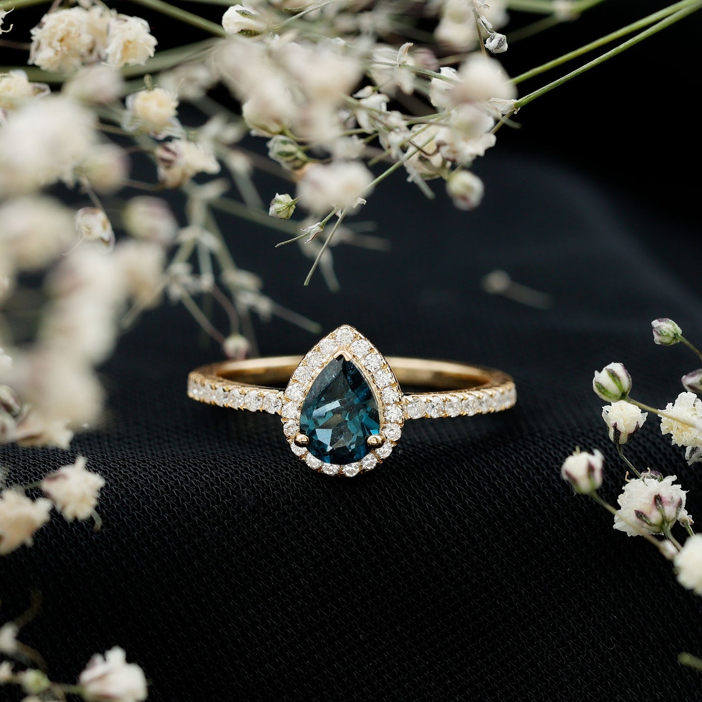 0.7 Carat Pear Shape London Blue Topaz Teardrop Engagement Ring with Moissanite Halo