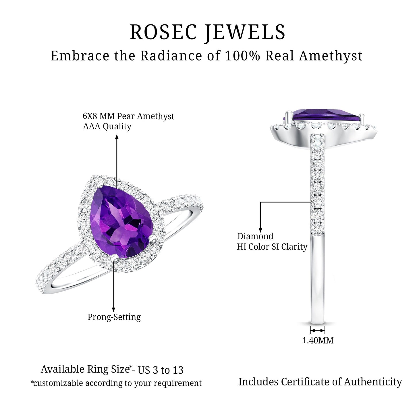 Natural Amethyst Teardrop Engagement Ring with Diamond Halo