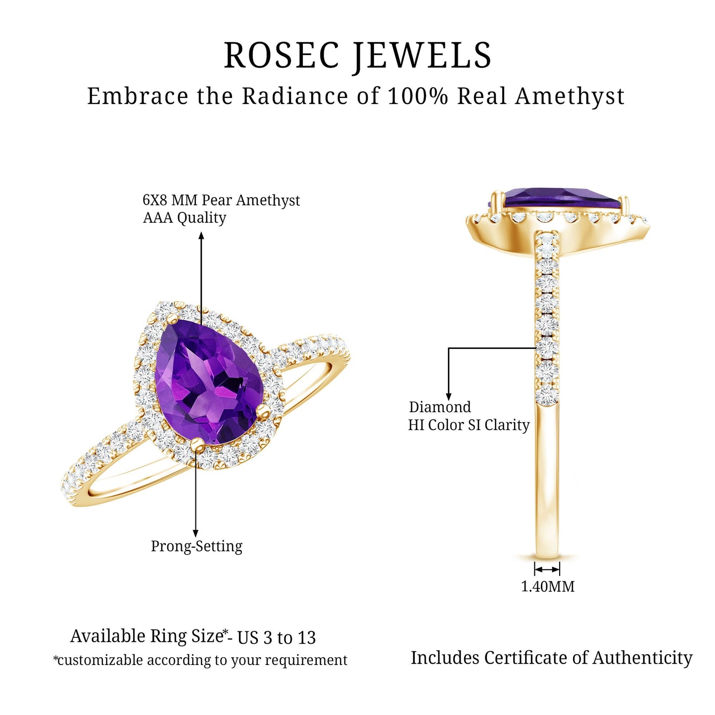 Natural Amethyst Teardrop Engagement Ring with Diamond Halo