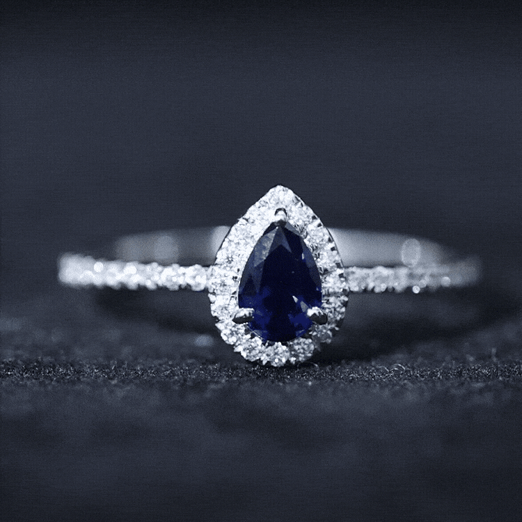 Certified Half Carat Lab Grown Blue Sapphire Teardrop Engagement Ring with Diamond Halo