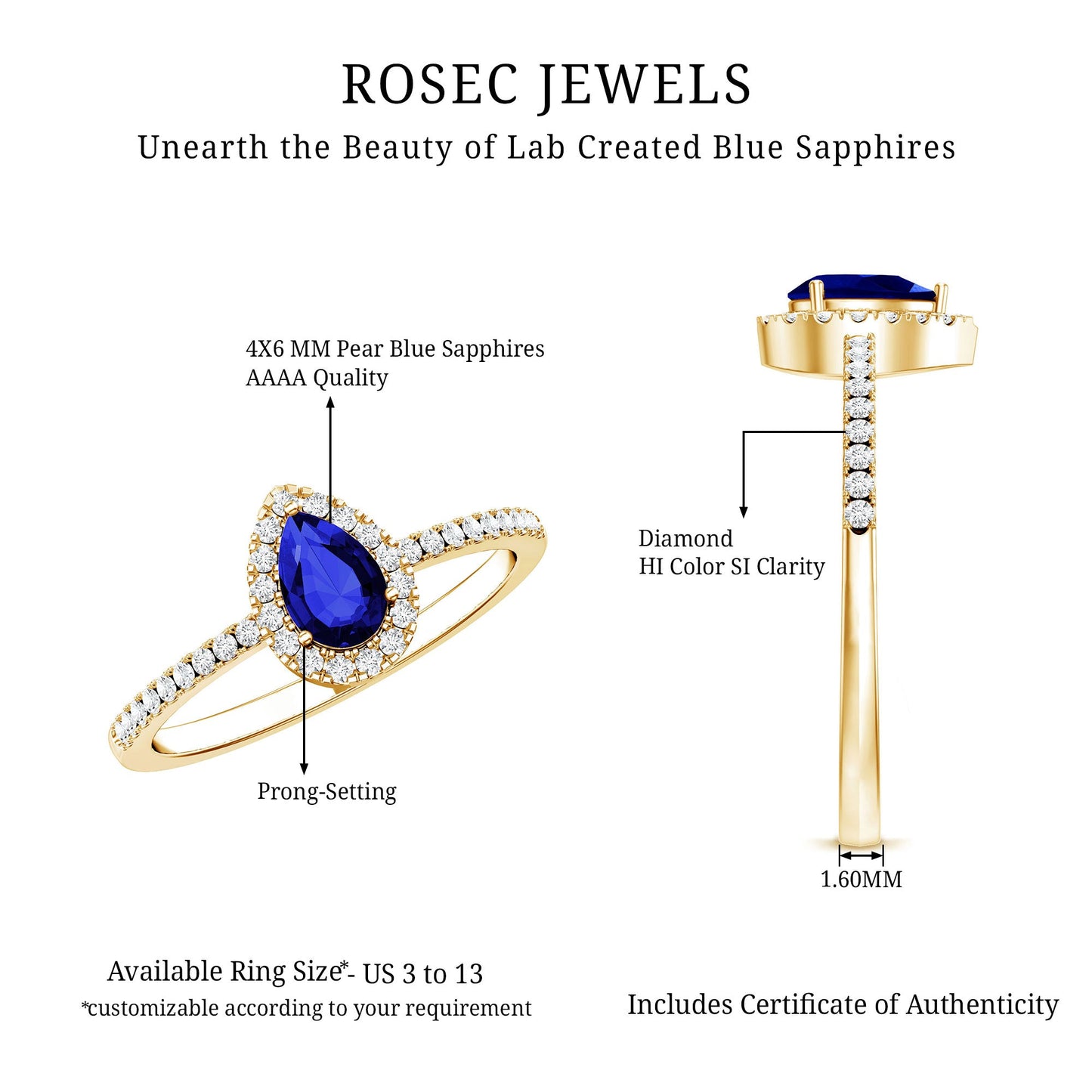 Certified Half Carat Lab Grown Blue Sapphire Teardrop Engagement Ring with Diamond Halo