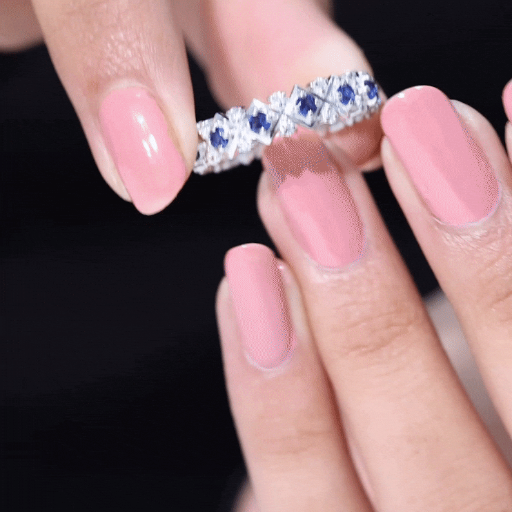 Lab Created Blue Sapphire and Diamond Designer Wedding Band for Women