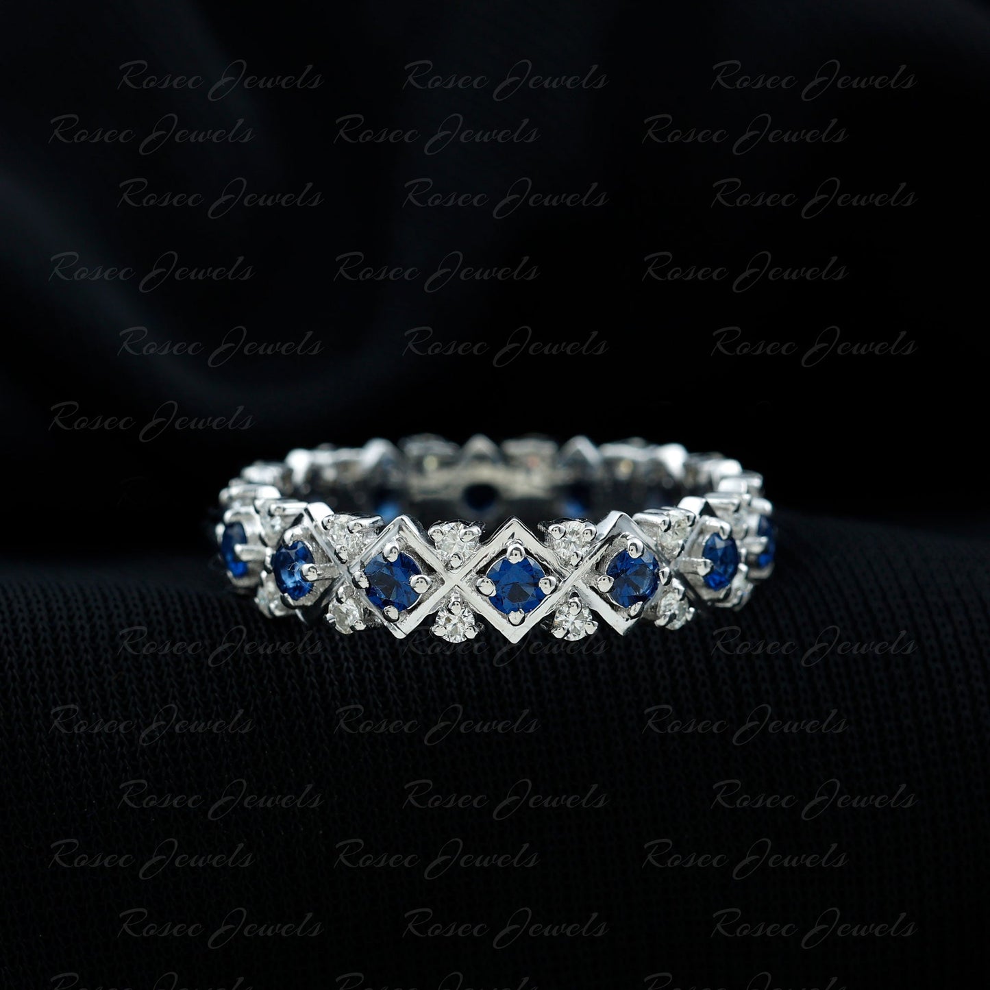 Lab Created Blue Sapphire and Diamond Designer Wedding Band for Women