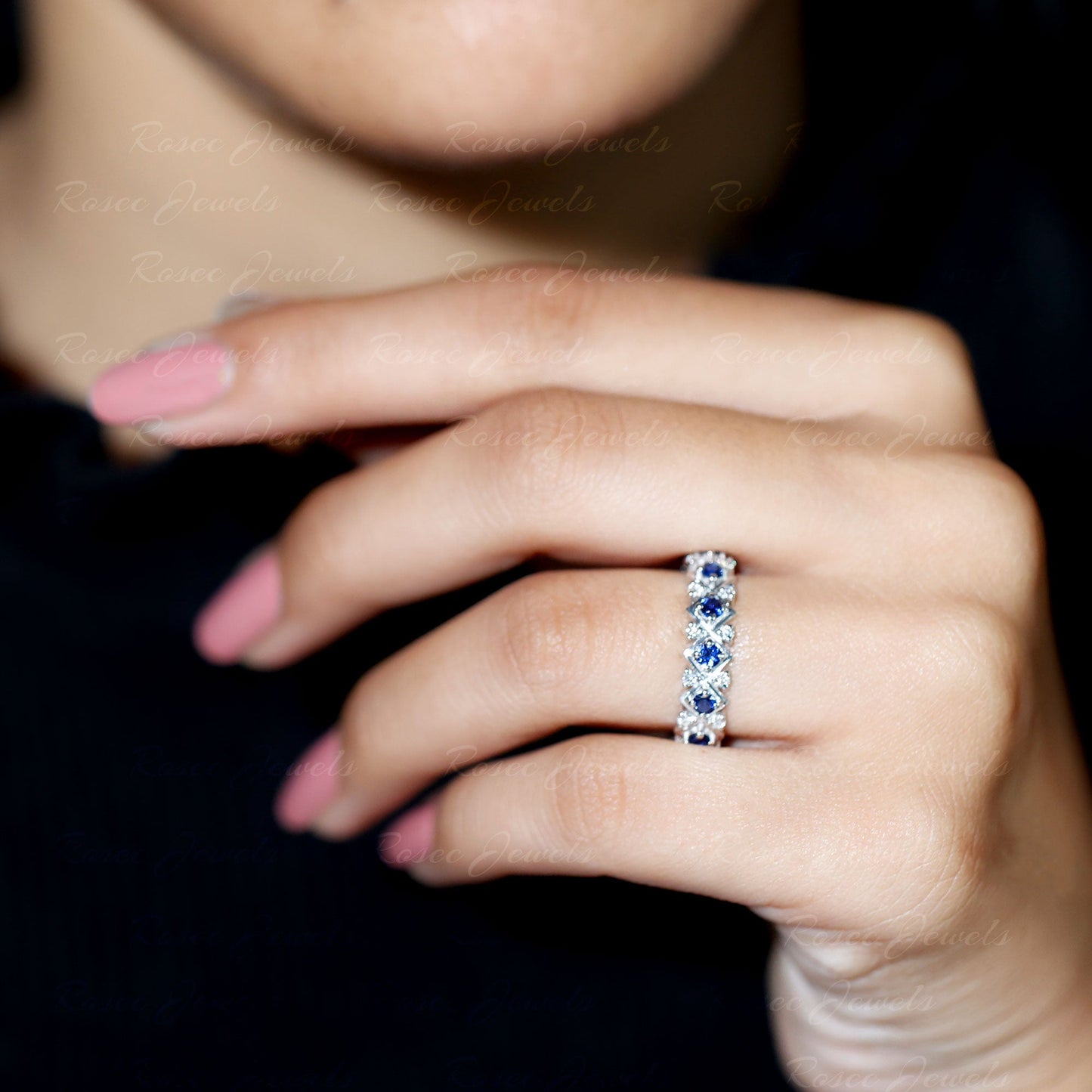 Lab Created Blue Sapphire and Diamond Designer Wedding Band for Women