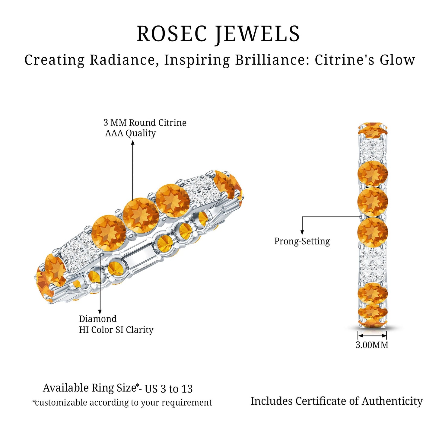 Natural Citrine Diamond Eternity Wedding Band