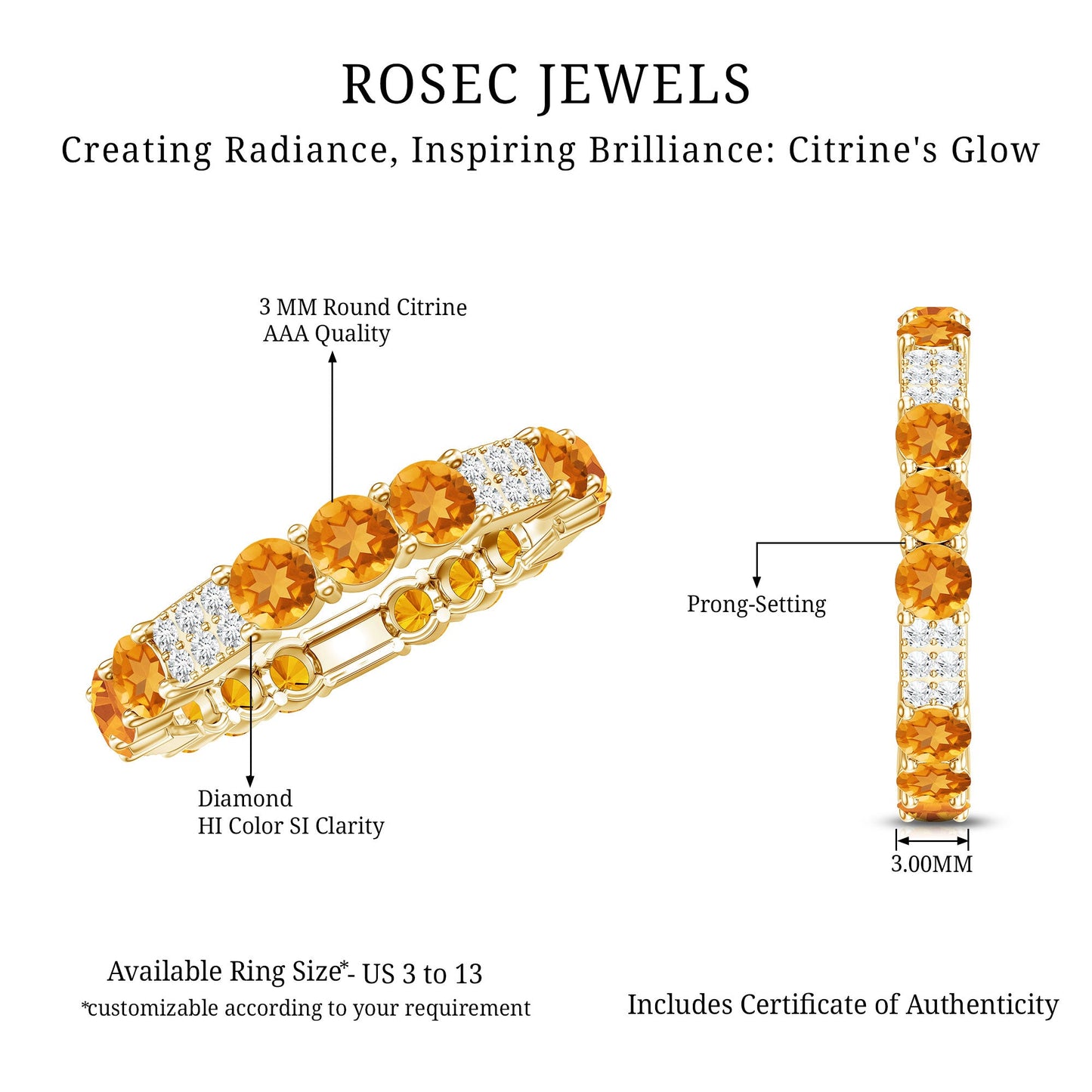 Natural Citrine Diamond Eternity Wedding Band