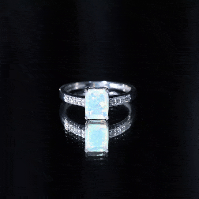 Genuine Ethiopian Opal 2 Carat Emerald Cut Engagement Ring with Diamond