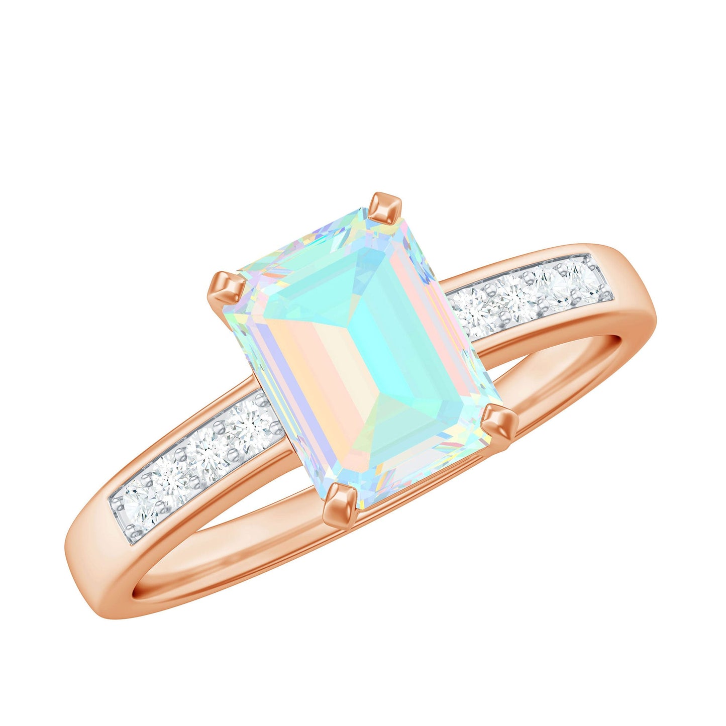 Genuine Ethiopian Opal 2 Carat Emerald Cut Engagement Ring with Diamond