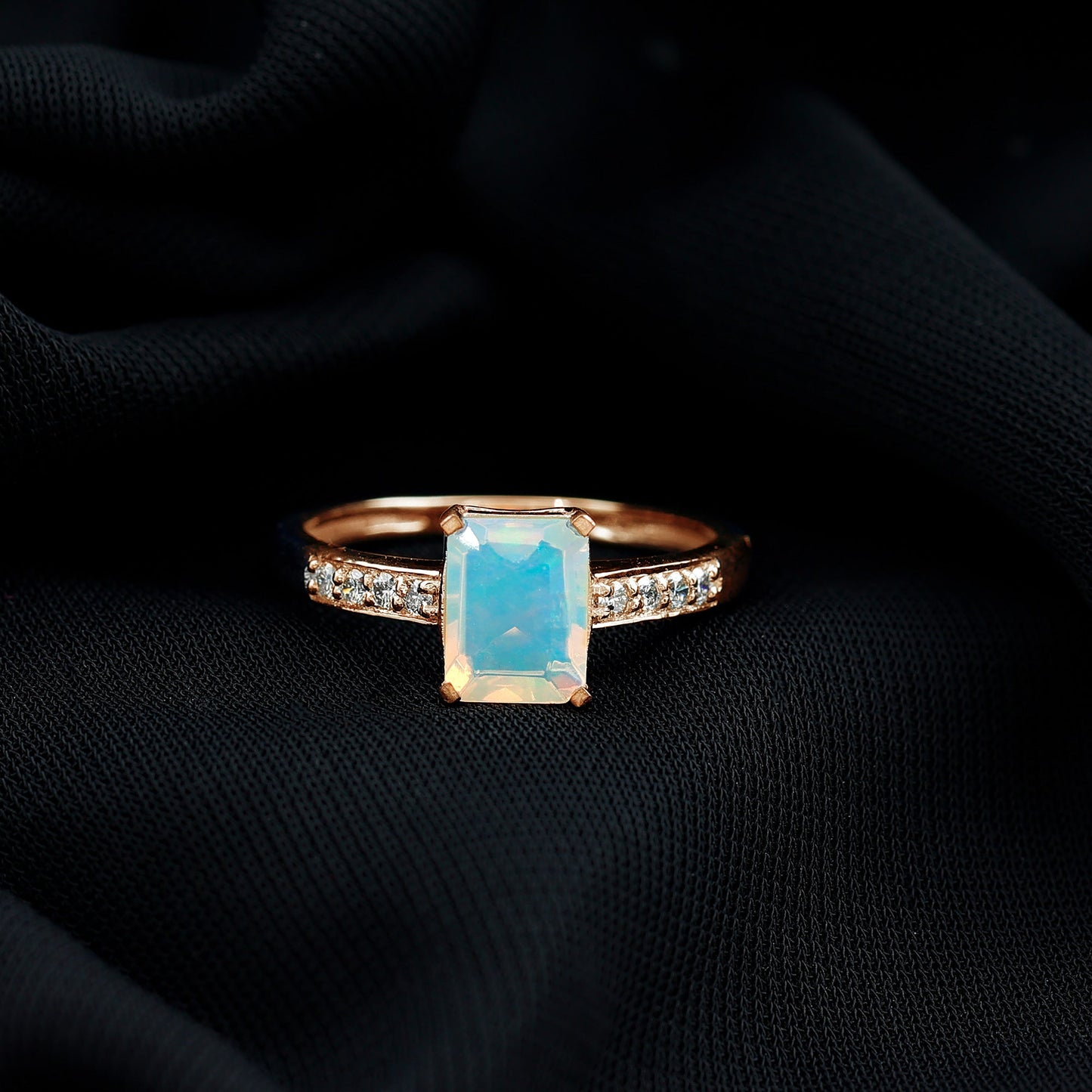 Genuine Ethiopian Opal 2 Carat Emerald Cut Engagement Ring with Diamond