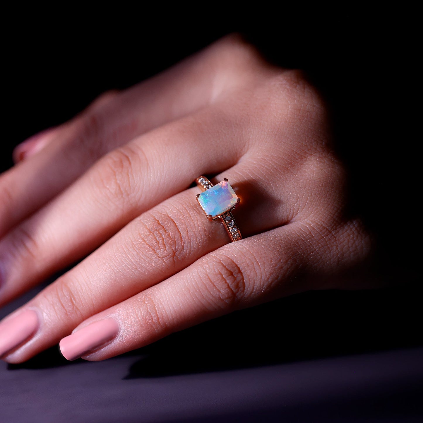 Genuine Ethiopian Opal 2 Carat Emerald Cut Engagement Ring with Diamond