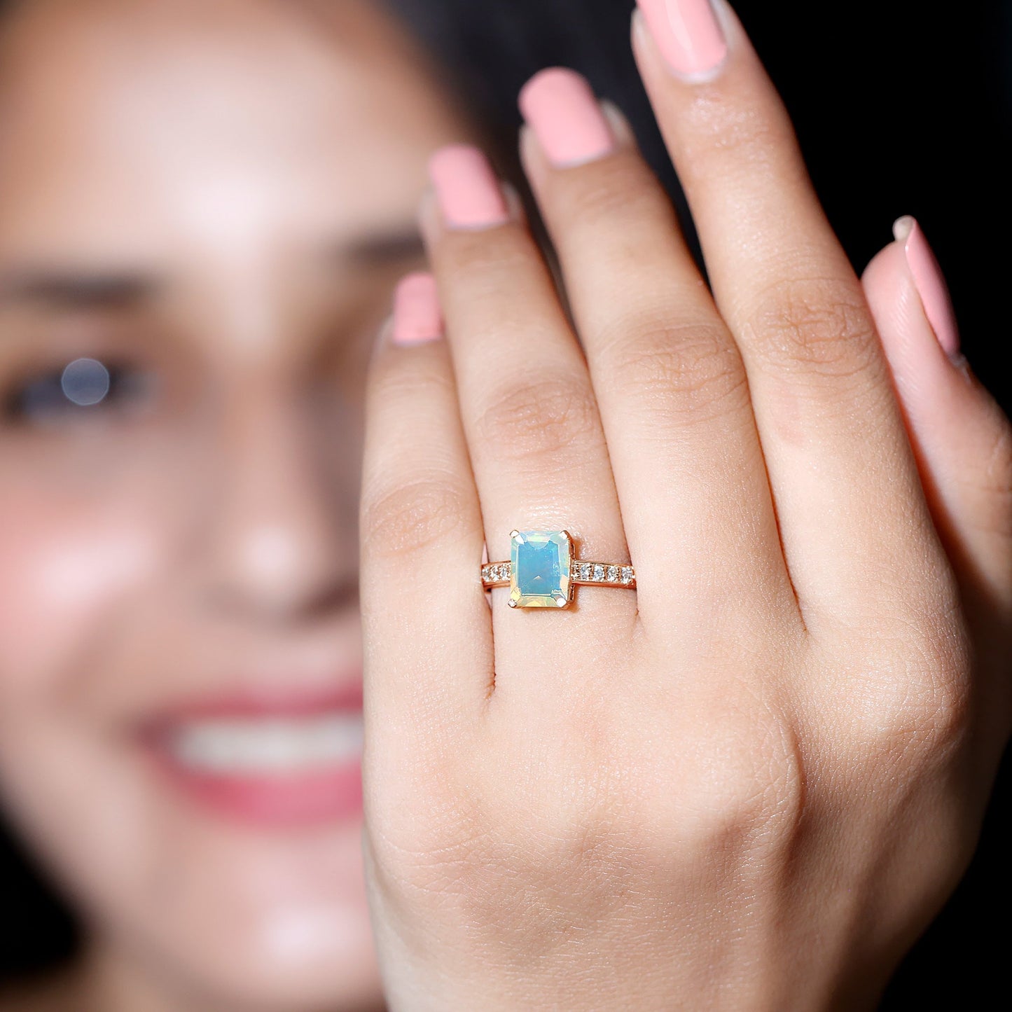 Genuine Ethiopian Opal 2 Carat Emerald Cut Engagement Ring with Diamond