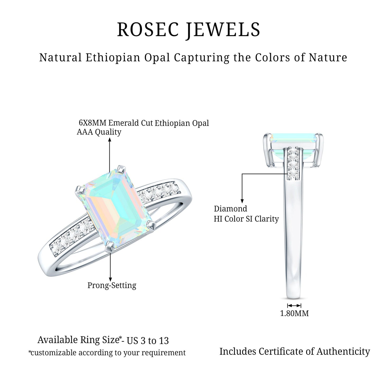 Genuine Ethiopian Opal 2 Carat Emerald Cut Engagement Ring with Diamond