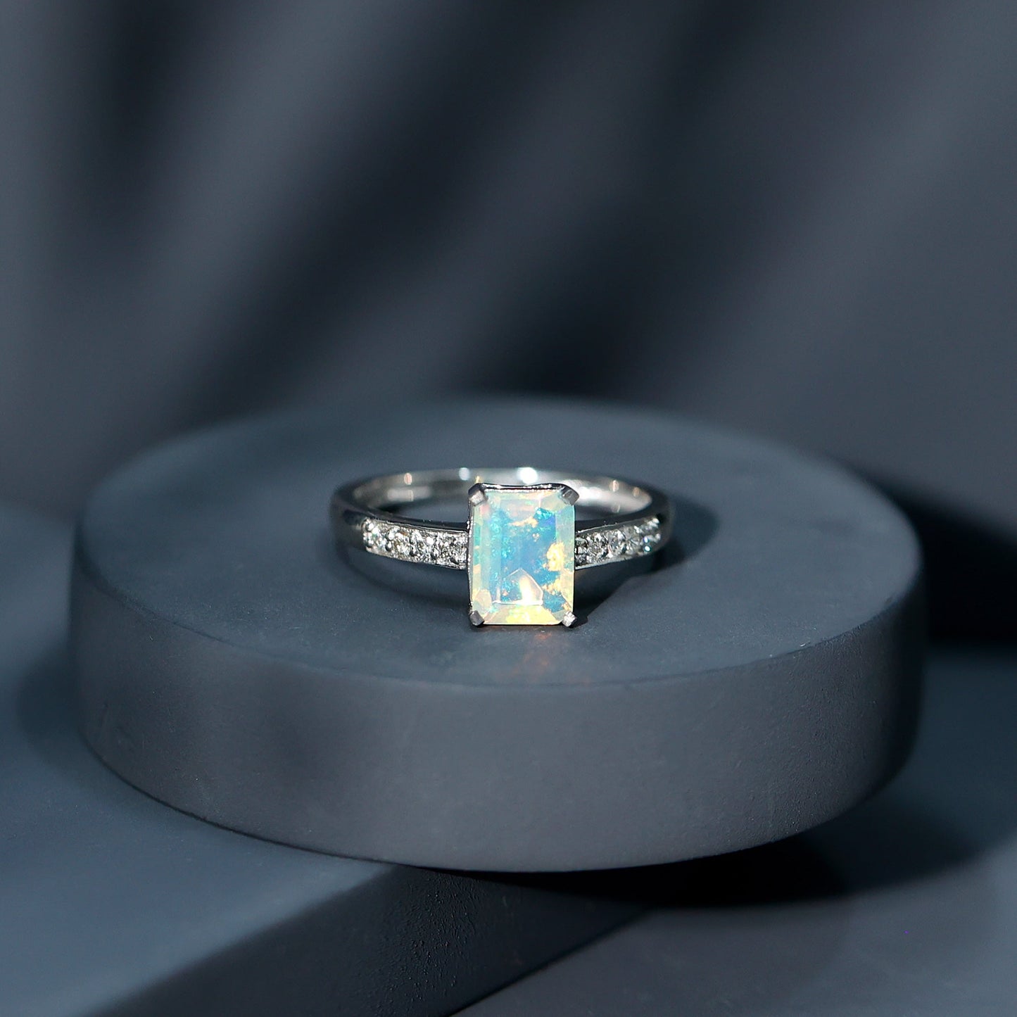 Genuine Ethiopian Opal 2 Carat Emerald Cut Engagement Ring with Diamond