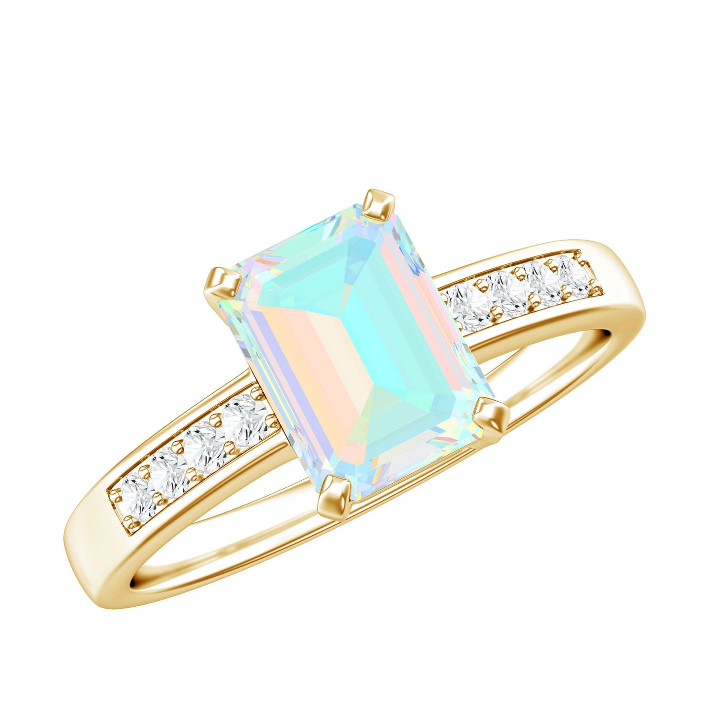 Genuine Ethiopian Opal 2 Carat Emerald Cut Engagement Ring with Diamond