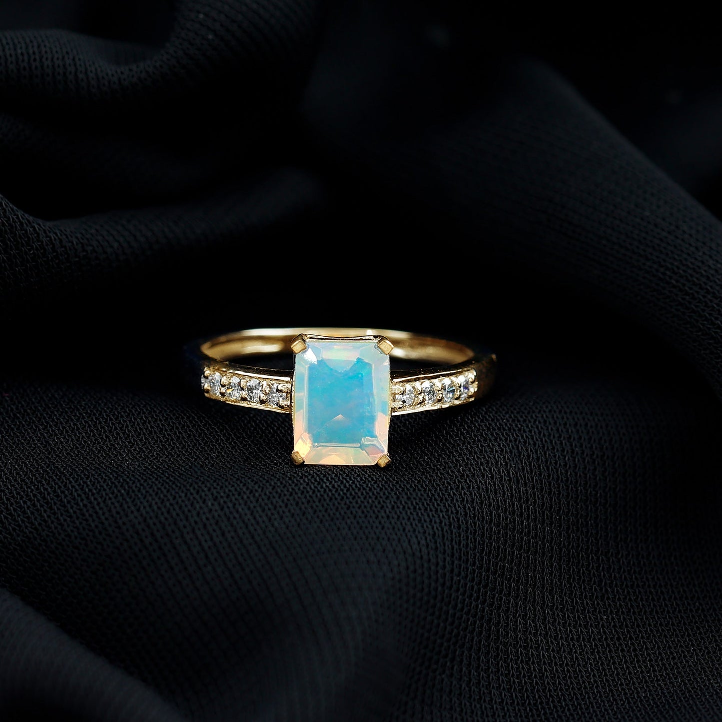 Genuine Ethiopian Opal 2 Carat Emerald Cut Engagement Ring with Diamond