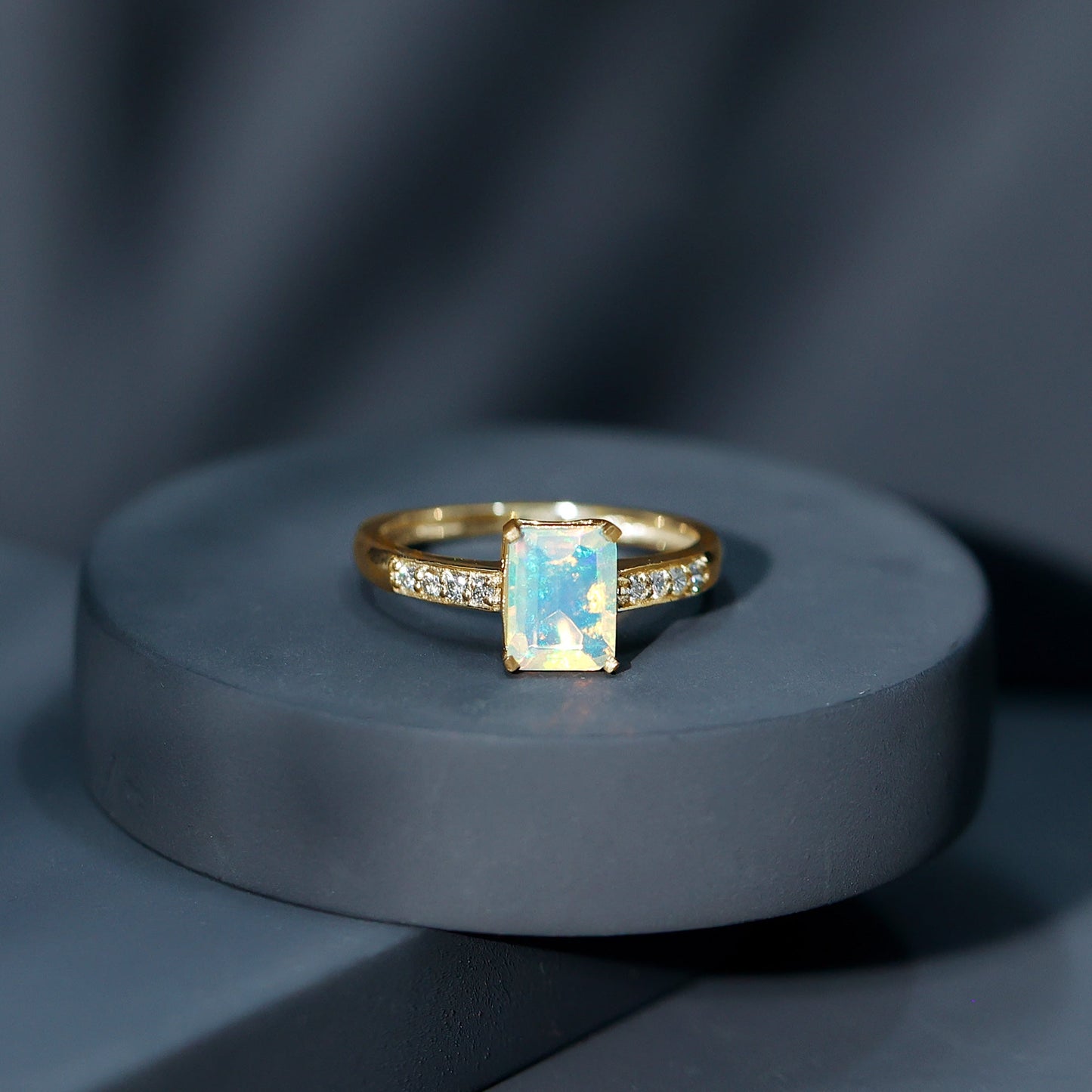 Genuine Ethiopian Opal 2 Carat Emerald Cut Engagement Ring with Diamond