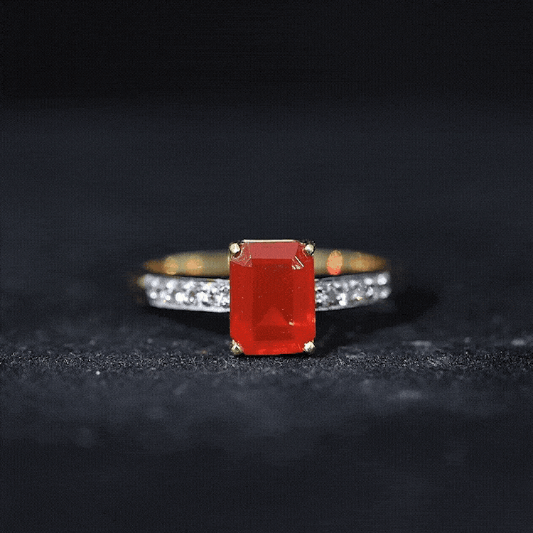 Emerald Cut Real Fire Opal Solitaire Engagement Ring with Diamond