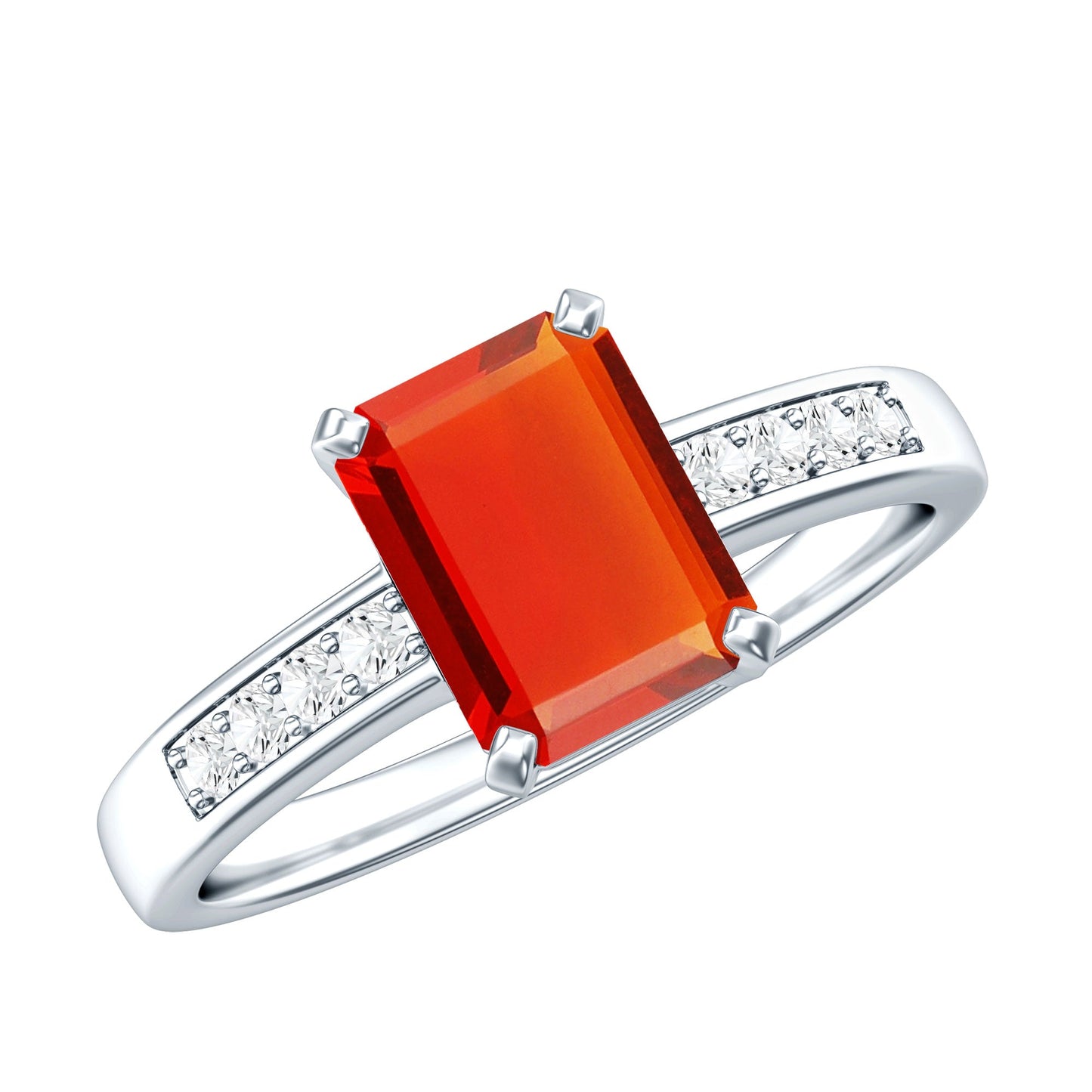 Emerald Cut Real Fire Opal Solitaire Engagement Ring with Diamond