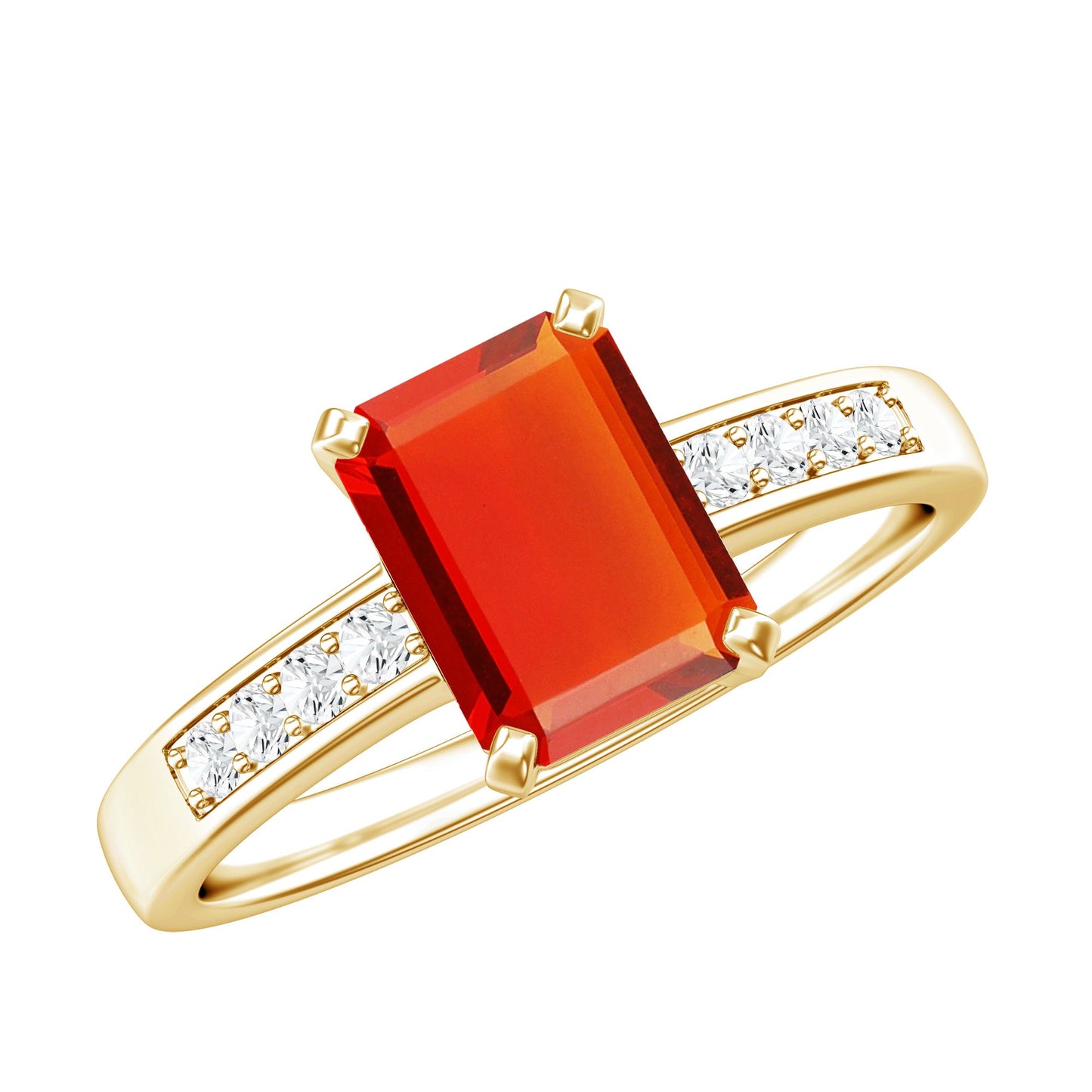 Emerald Cut Real Fire Opal Solitaire Engagement Ring with Diamond