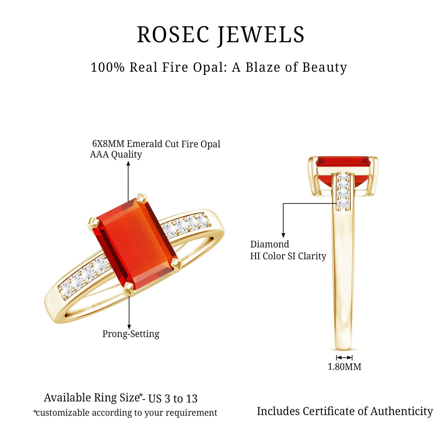 Emerald Cut Real Fire Opal Solitaire Engagement Ring with Diamond