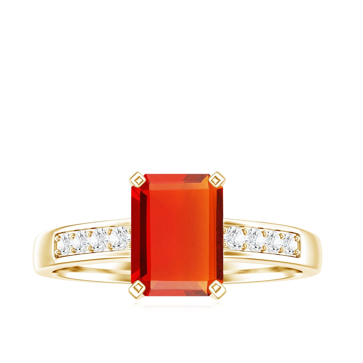 Emerald Cut Real Fire Opal Solitaire Engagement Ring with Diamond