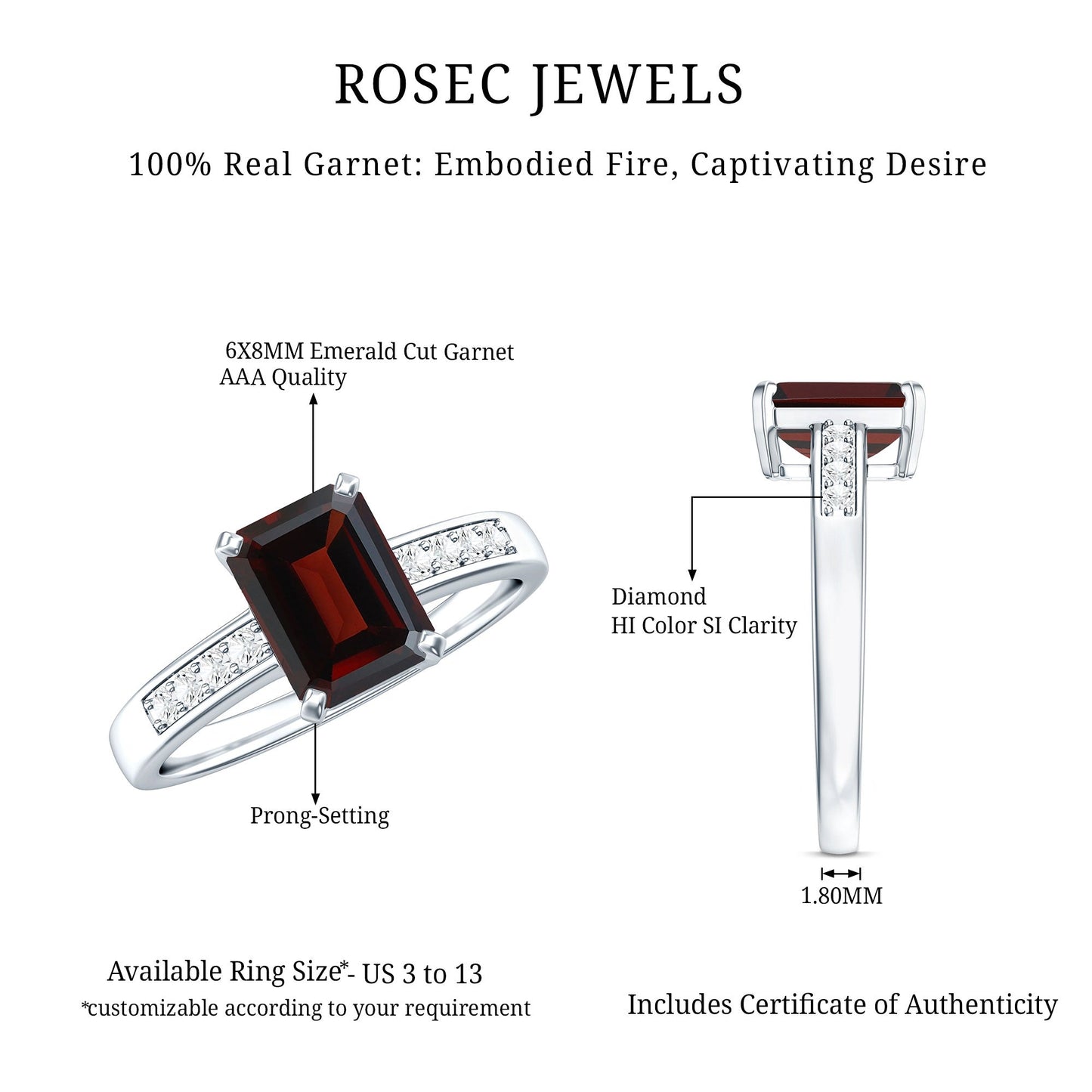 Certified Natural 2 Carat Garnet Emerald Cut Engagement Ring with Diamond