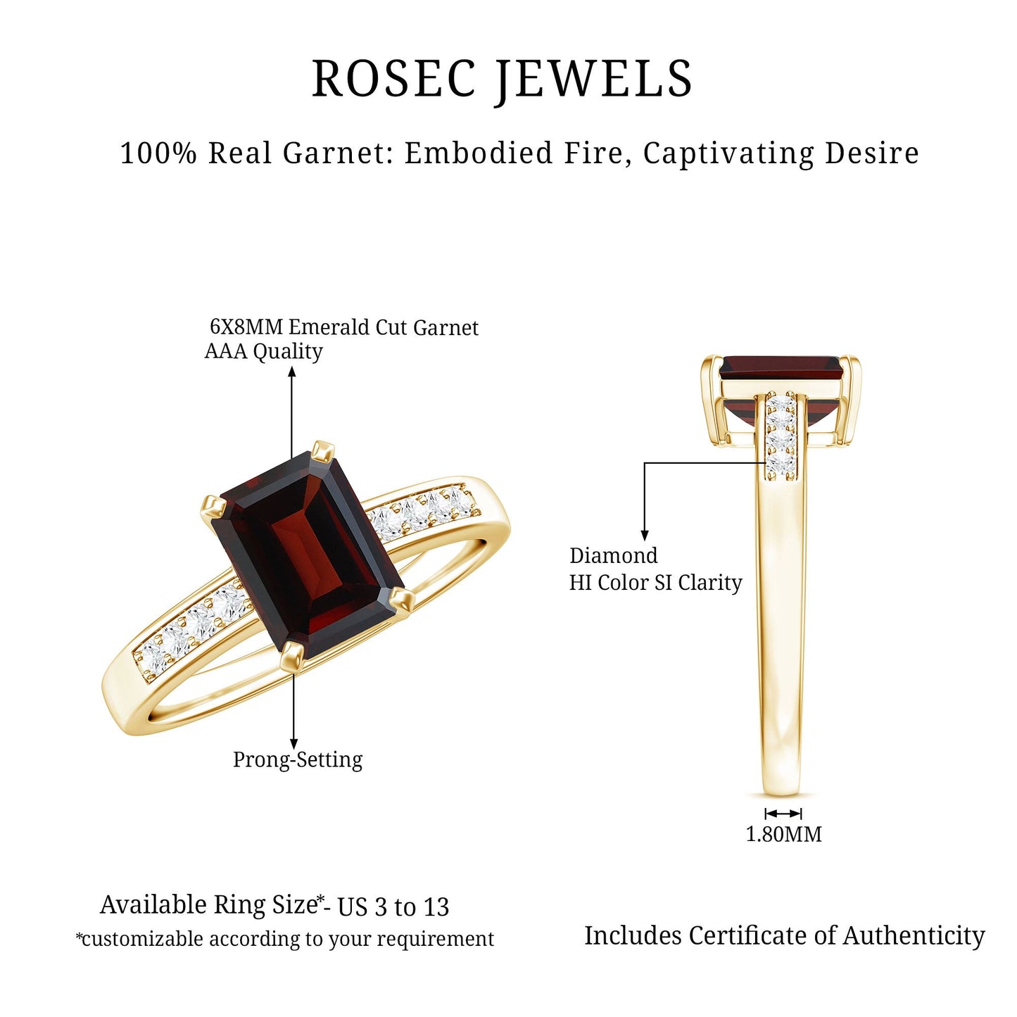 Certified Natural 2 Carat Garnet Emerald Cut Engagement Ring with Diamond