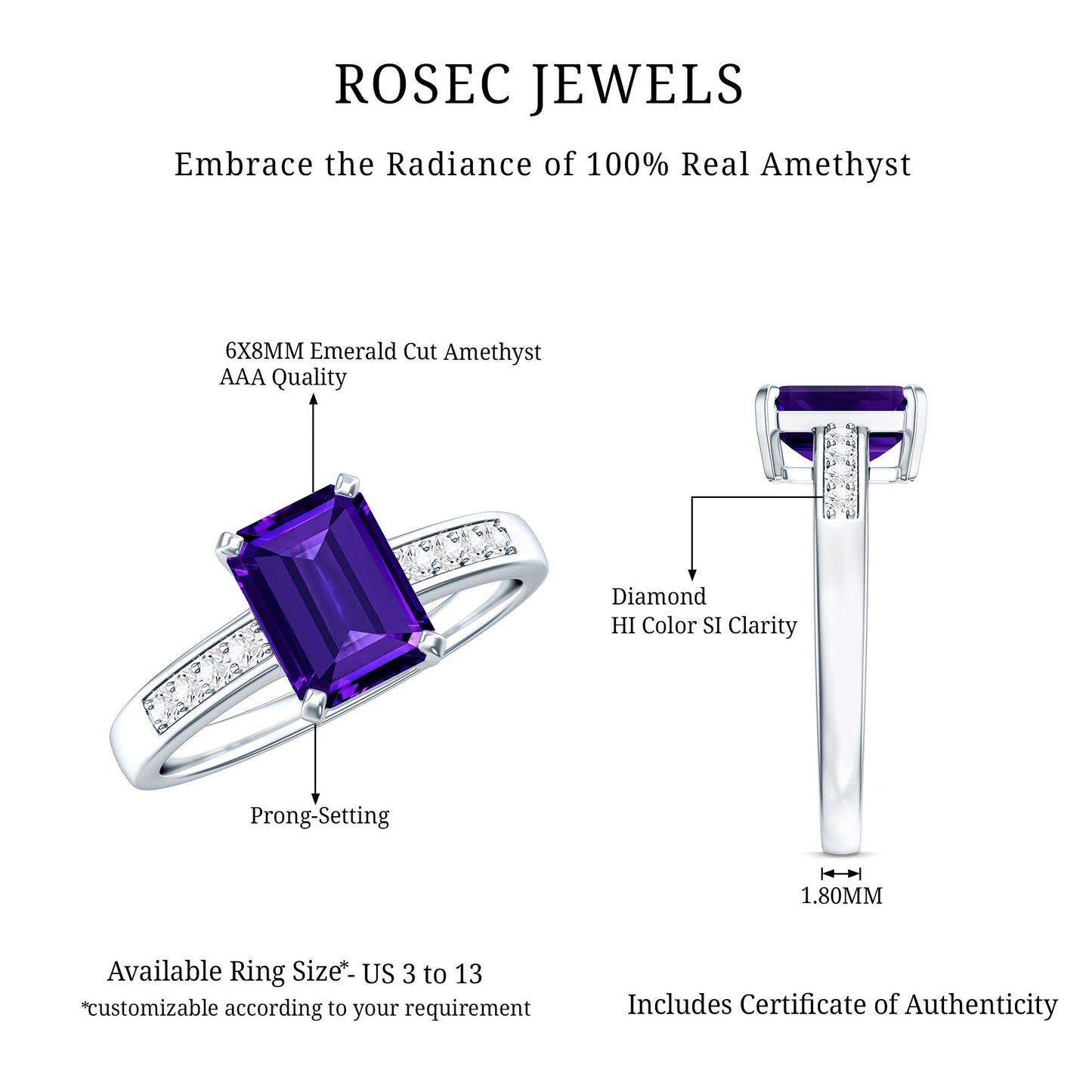 Natural 1.4 Carat Amethyst Emerald Cut Engagement Ring with Diamond