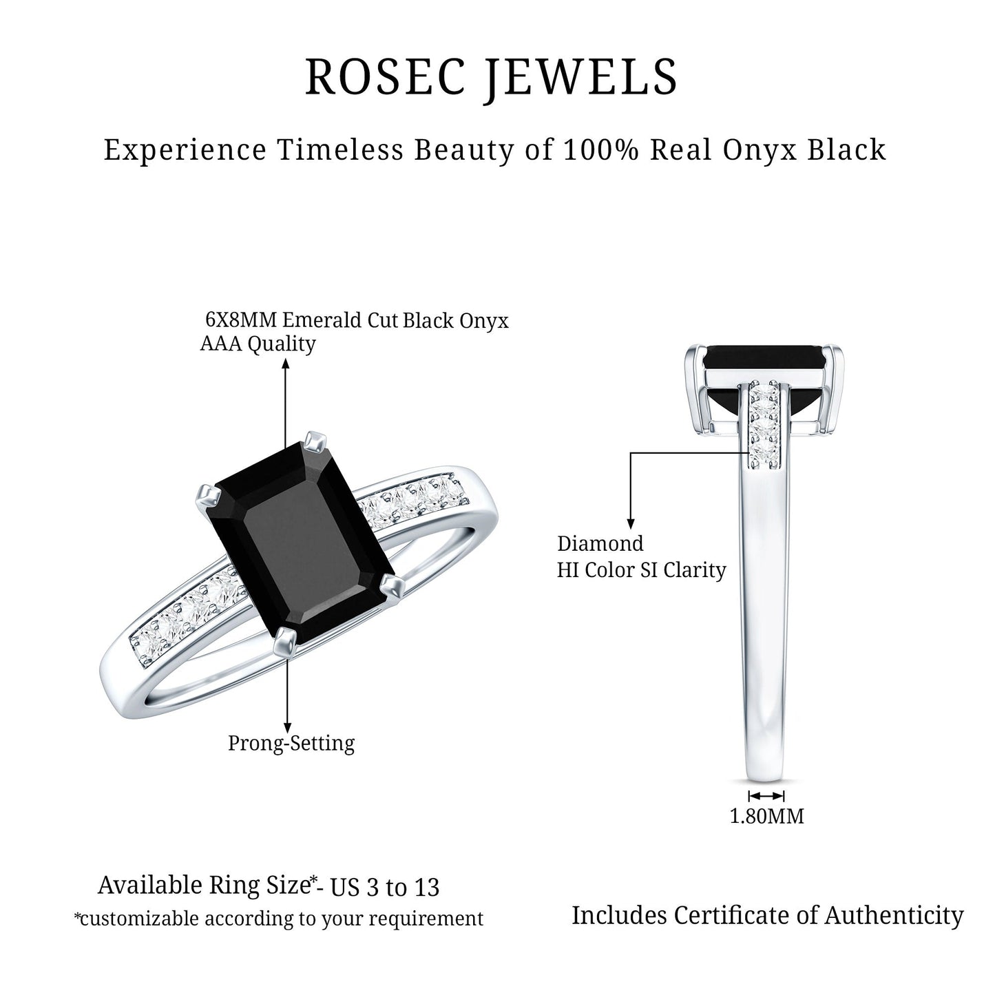 1.8 Carat Emerald Cut Black Onyx Engagement Ring with Diamond