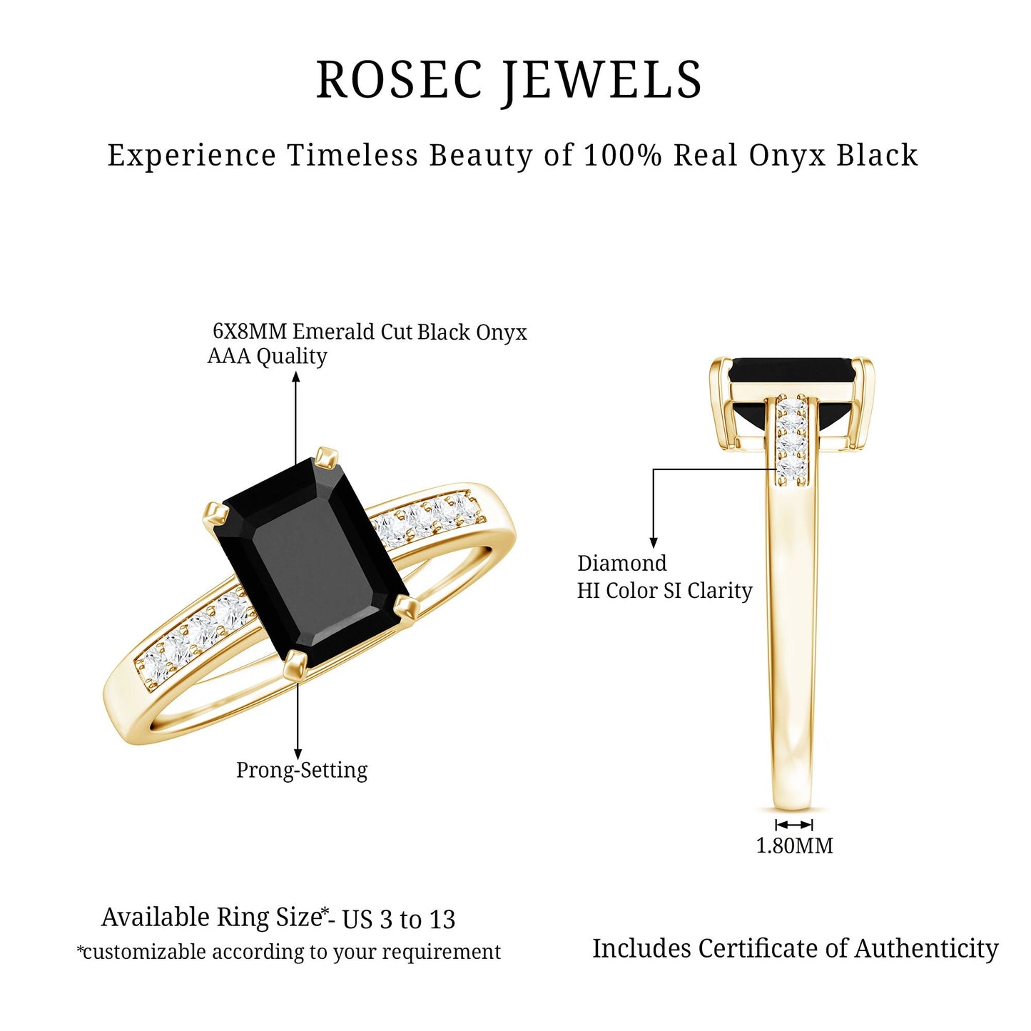 1.8 Carat Emerald Cut Black Onyx Engagement Ring with Diamond