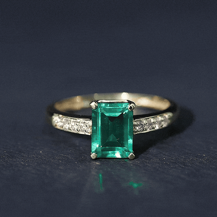 Octagon Lab Grown Emerald Solitaire Engagement Ring with Diamond
