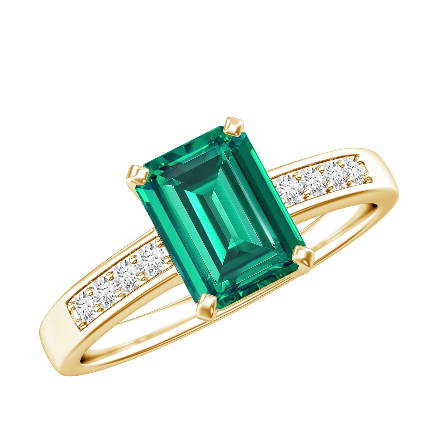 Octagon Lab Grown Emerald Solitaire Engagement Ring with Diamond