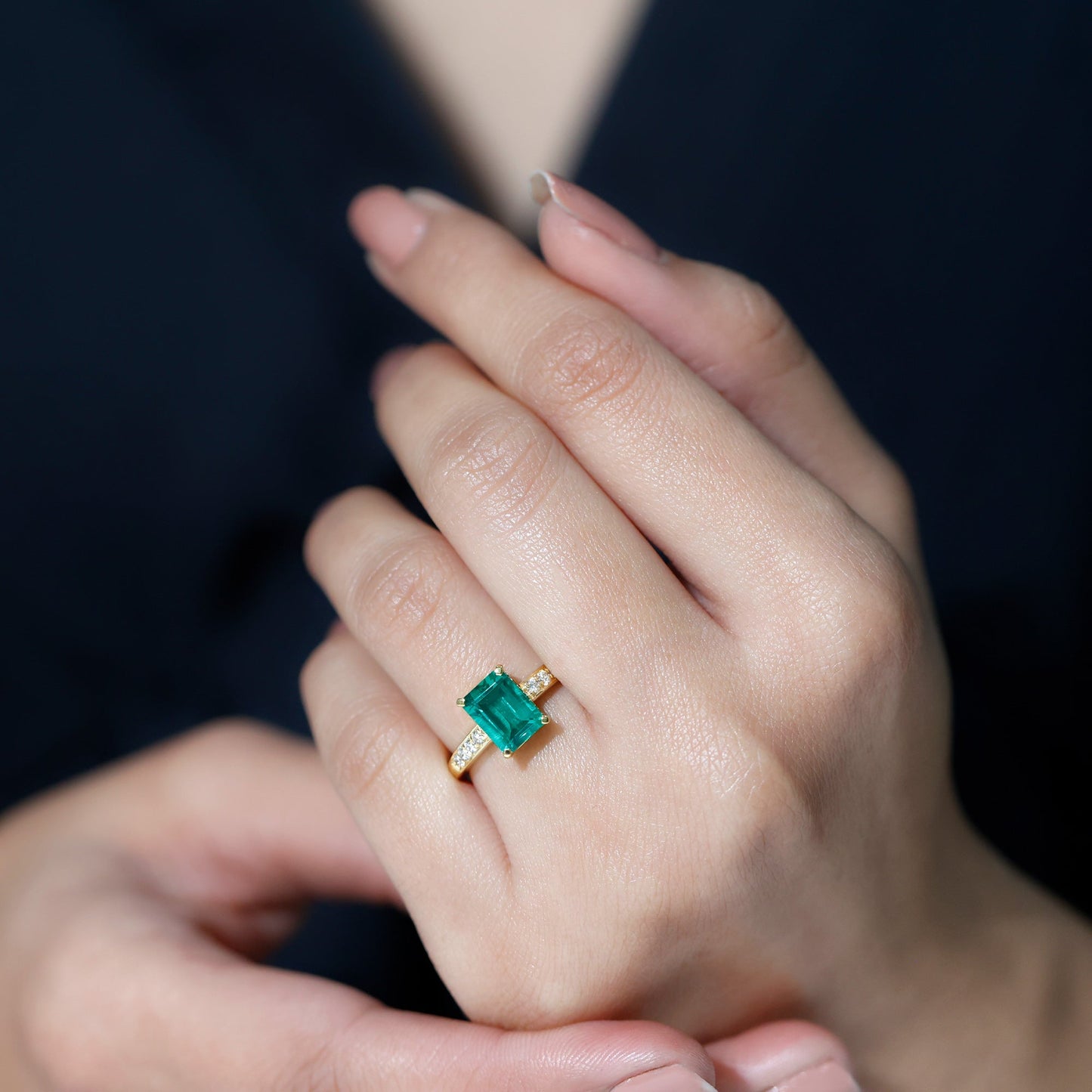 Octagon Lab Grown Emerald Solitaire Engagement Ring with Diamond