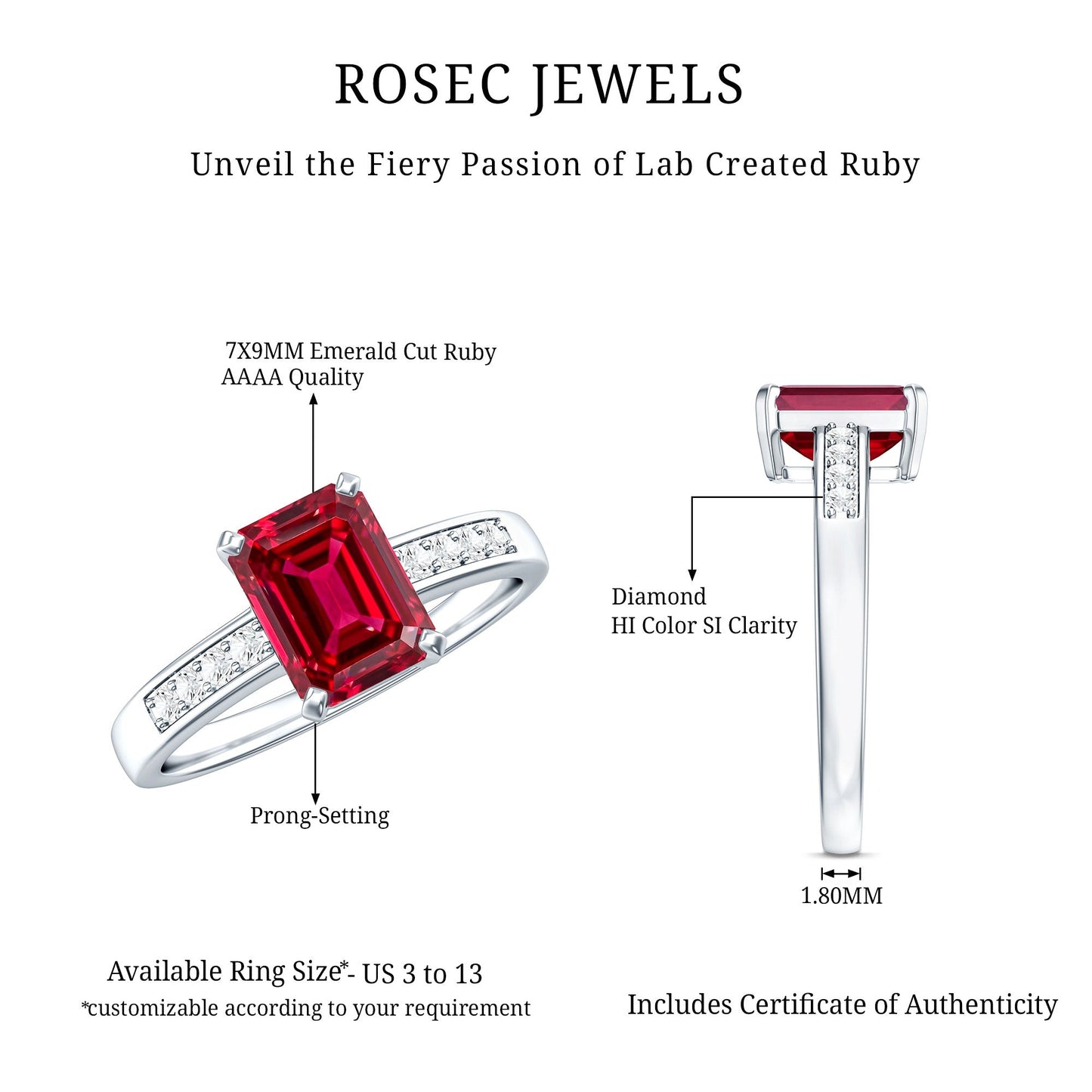 Lab Grown Ruby Emerald Cut Engagement Ring with Real Diamond
