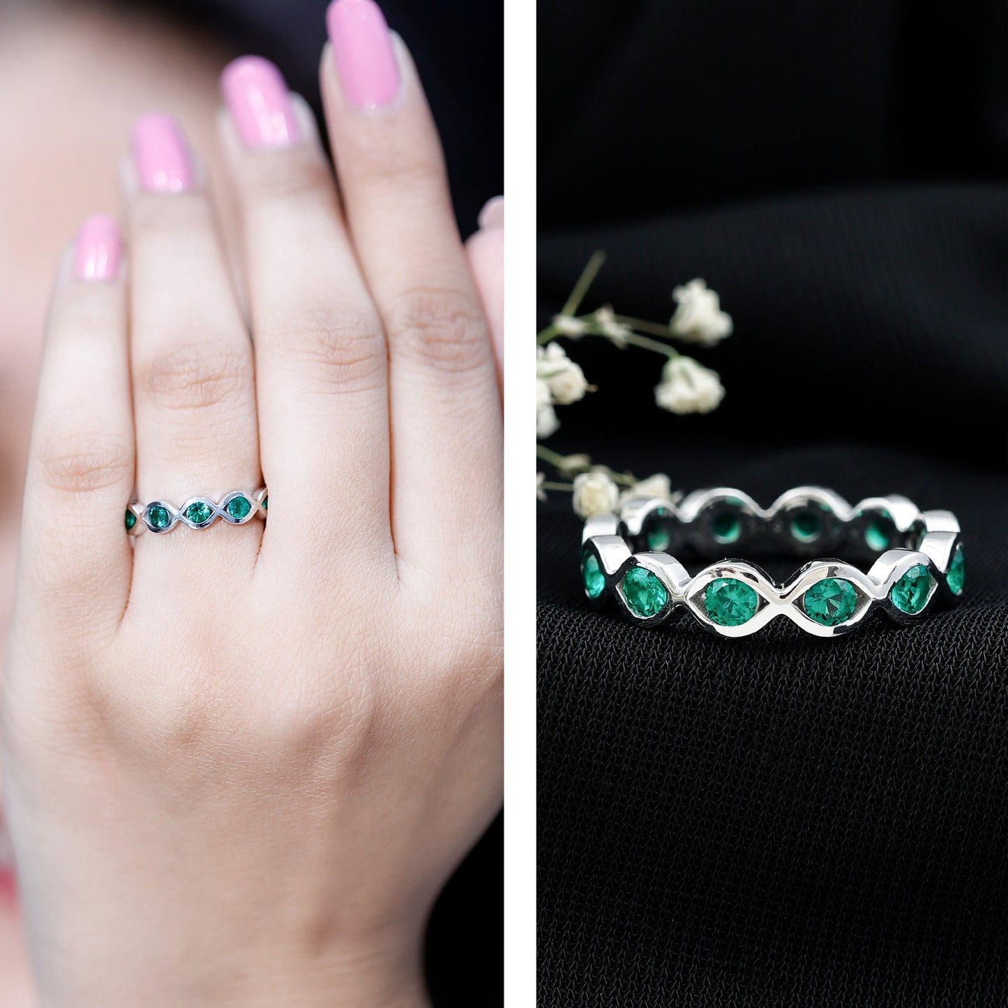 Certified Lab Grown Emerald Infinity Twisted Eternity Ring