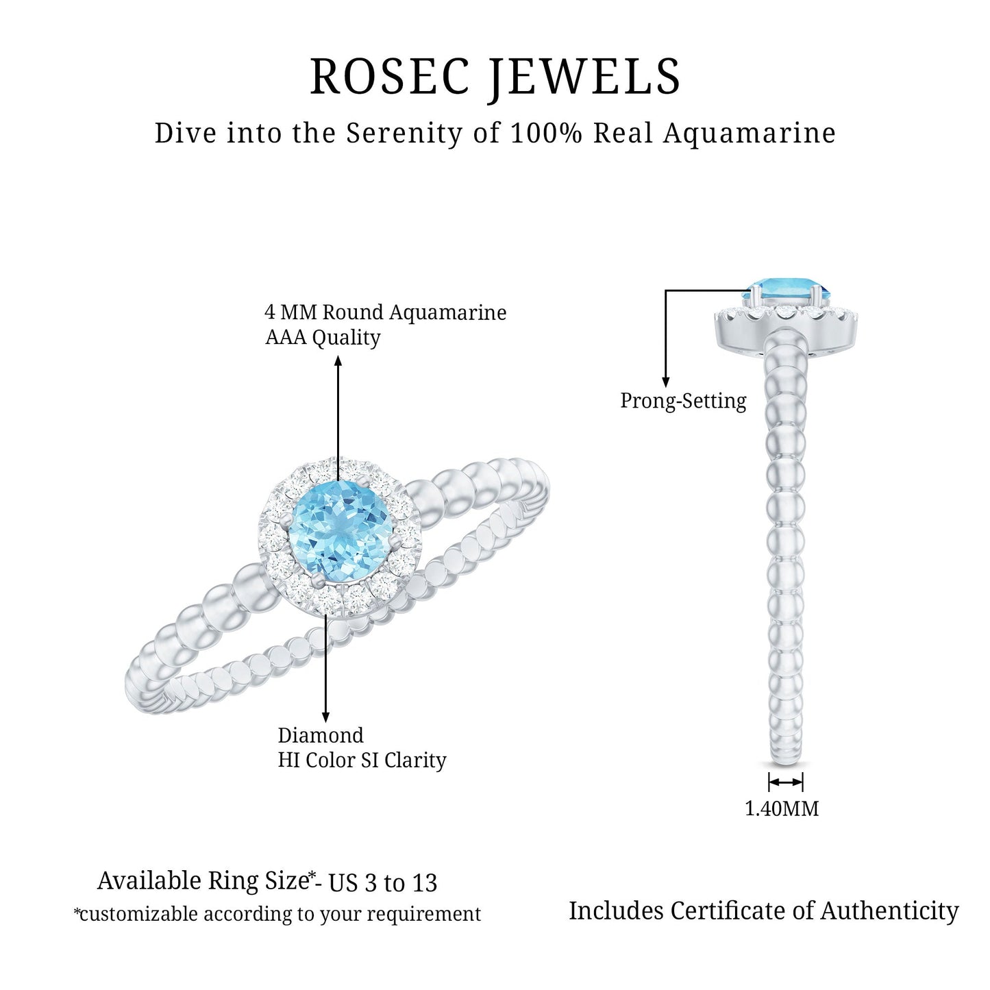 Natural Aquamarine Diamond Promise Ring with Bubble Shank
