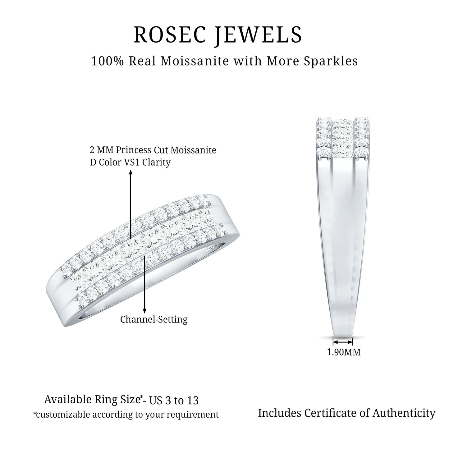 Certified Moissanite 3 Row Wedding Band for Men